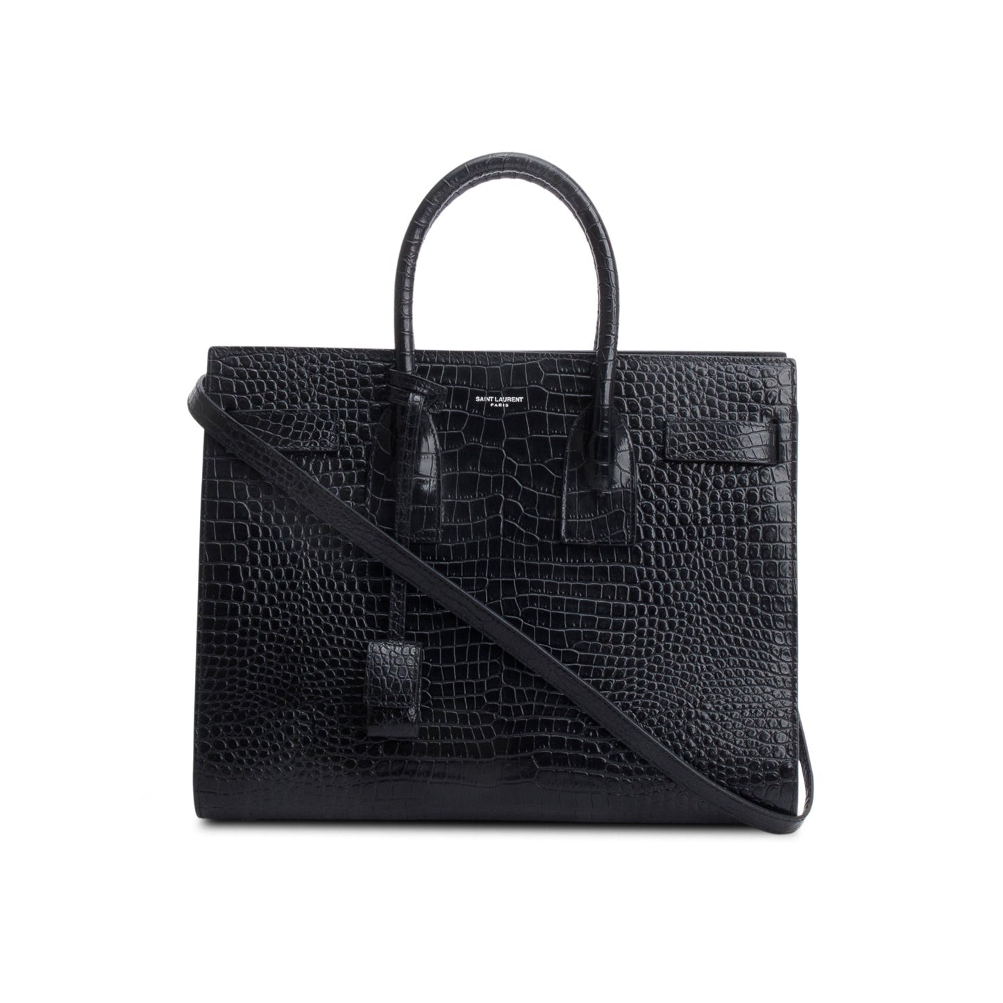 YSL Saint Laurent Crocodile Embossed Calfskin Sac De Jour Travel Leather Black Travel Bag