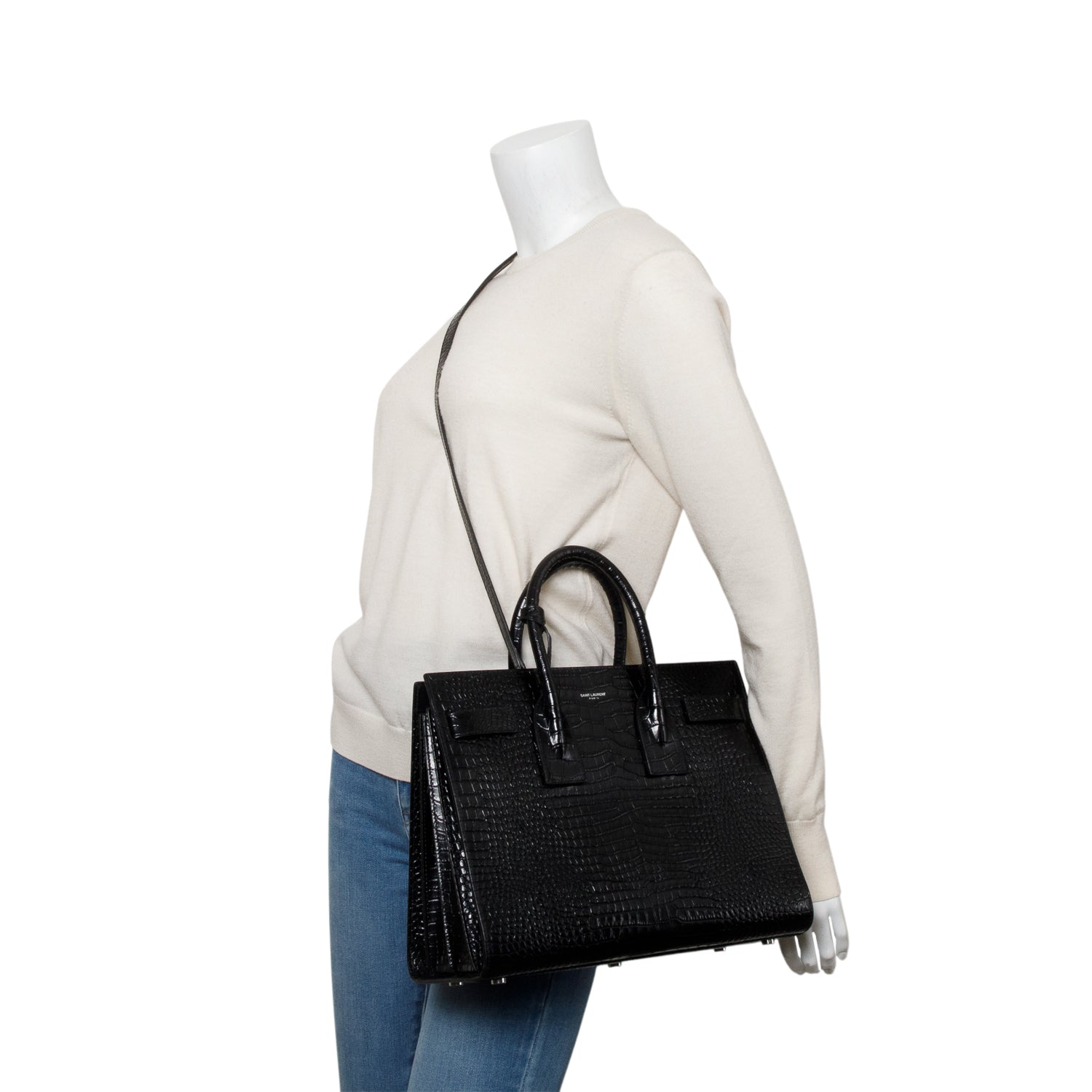YSL Saint Laurent Crocodile Embossed Calfskin Sac De Jour Travel Leather Black Travel Bag