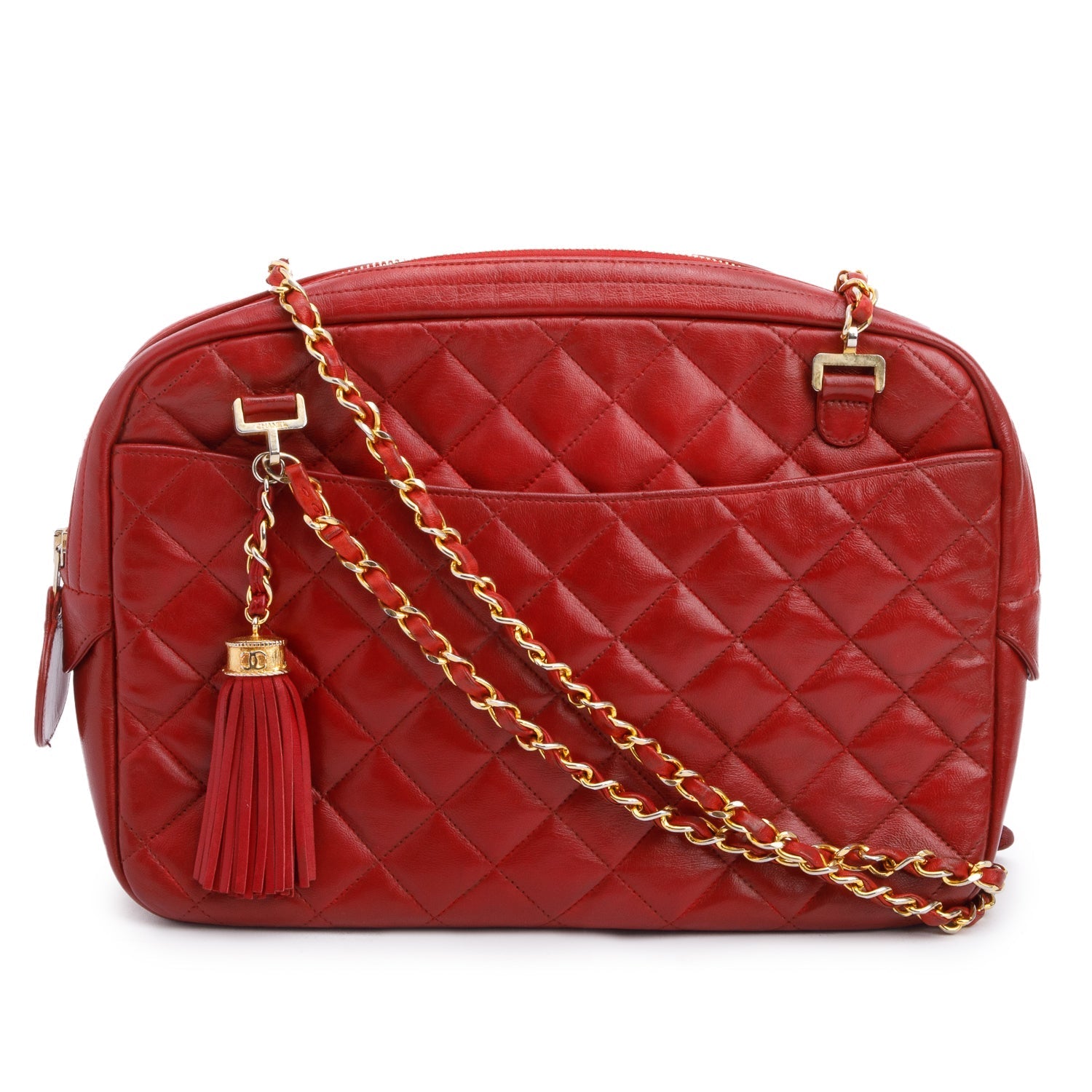 Chanel Quilted Tassel Camera Leather Lambskin Red Travel Bag