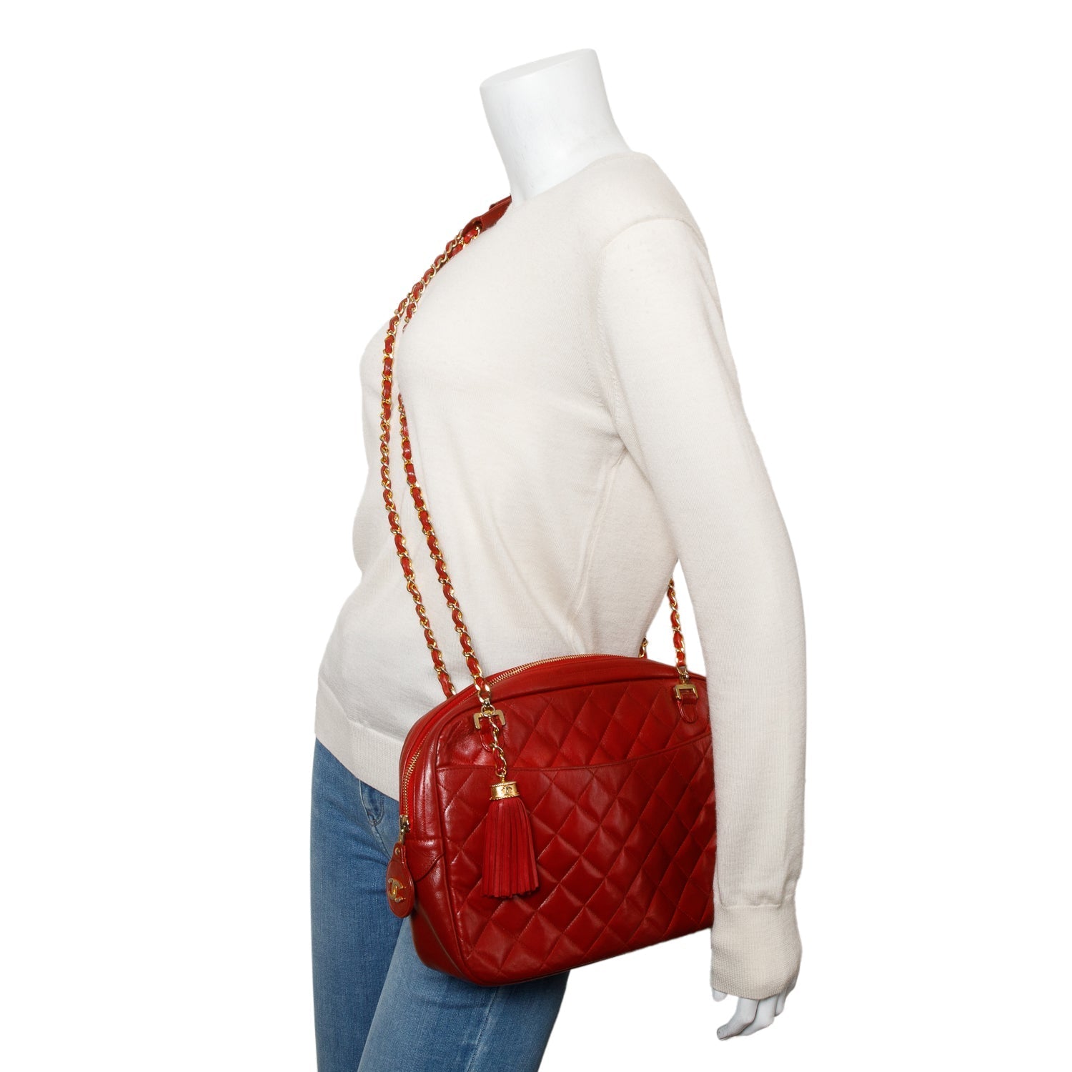 Chanel Quilted Tassel Camera Leather Lambskin Red Travel Bag