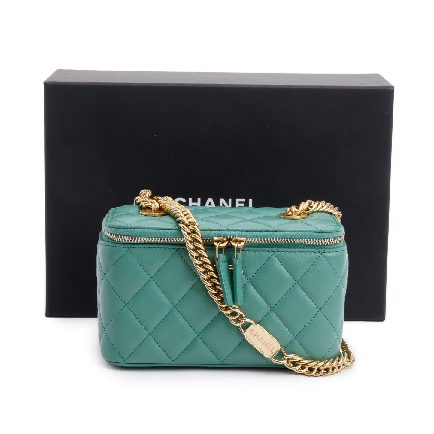 Chanel Quilted Vanity Leather Lambskin Green Travel Bag