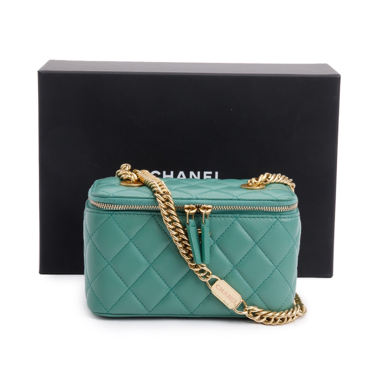 Chanel Quilted Vanity Leather Lambskin Green Travel Bag