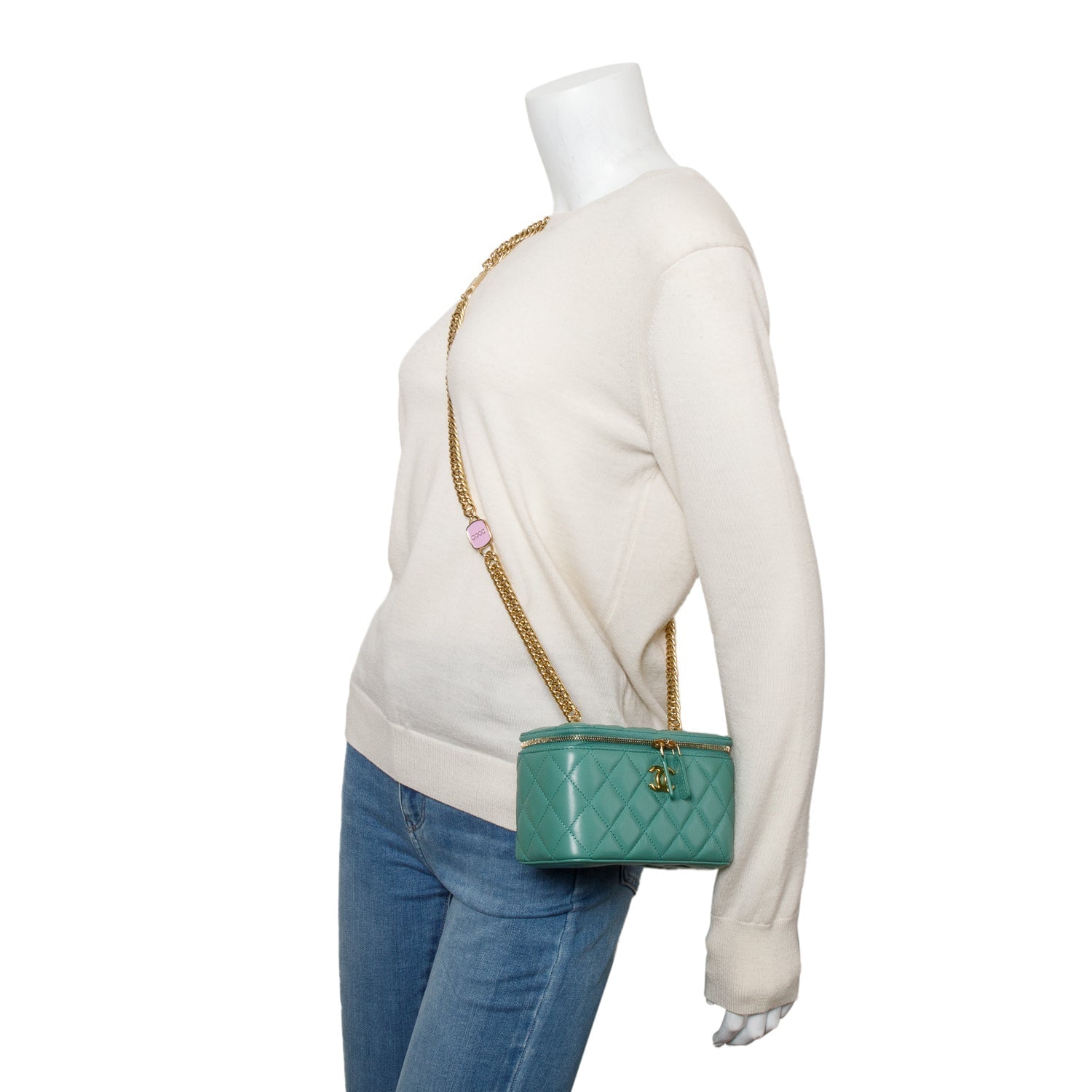 Chanel Quilted Vanity Leather Lambskin Green Travel Bag