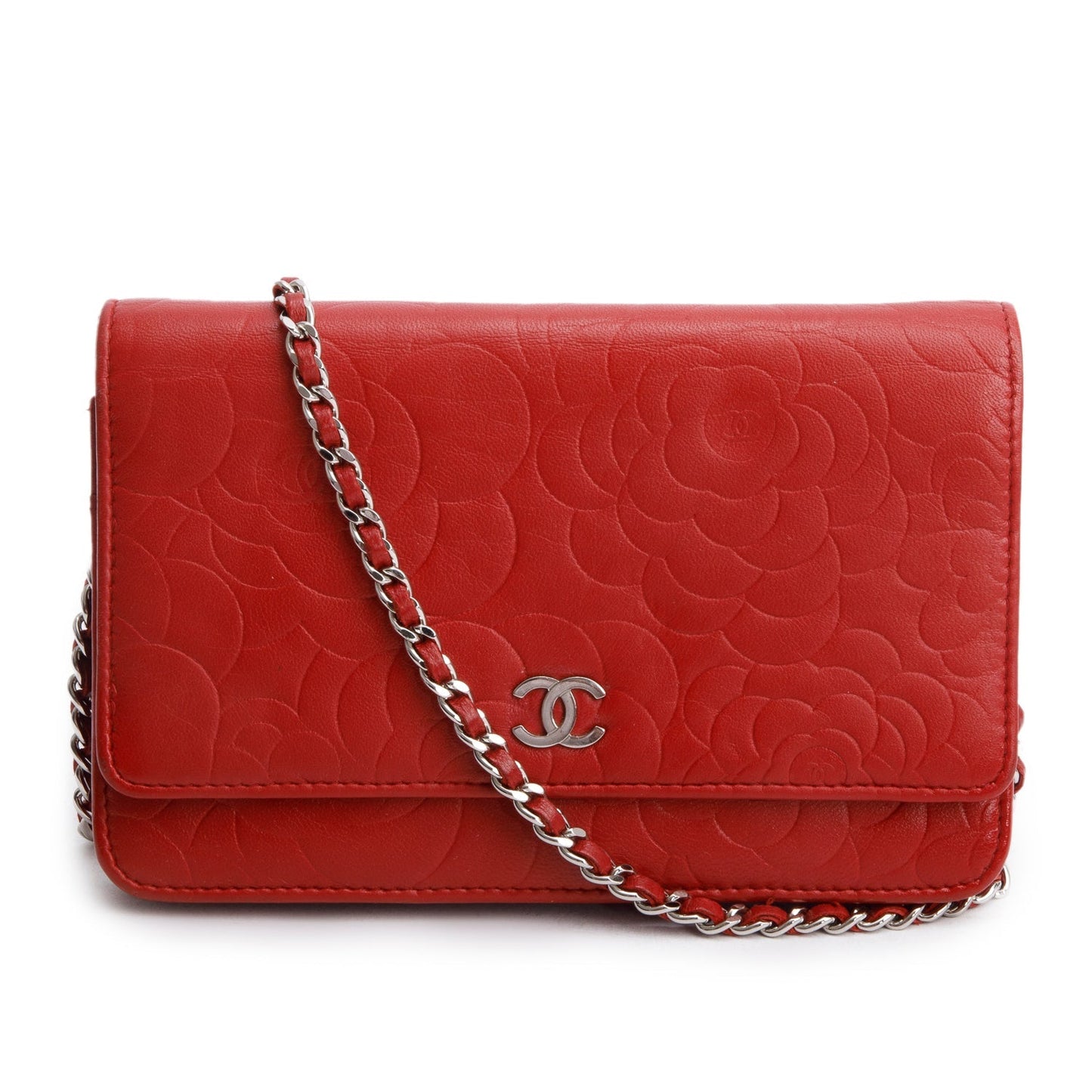 Chanel Quilted Camellia Classic on Leather Lambskin Red Wallet Case