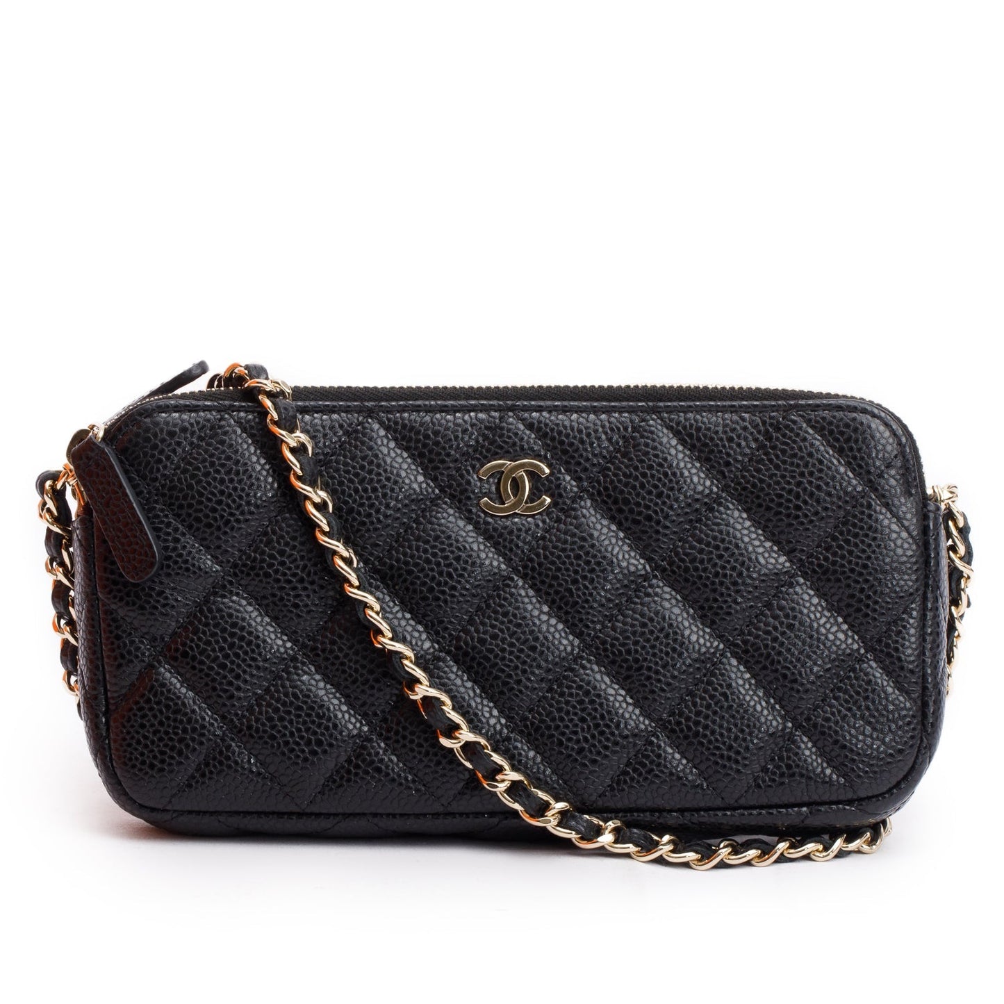 Chanel Quilted Caviar Classic Double Zip Leather Black Wallet Case