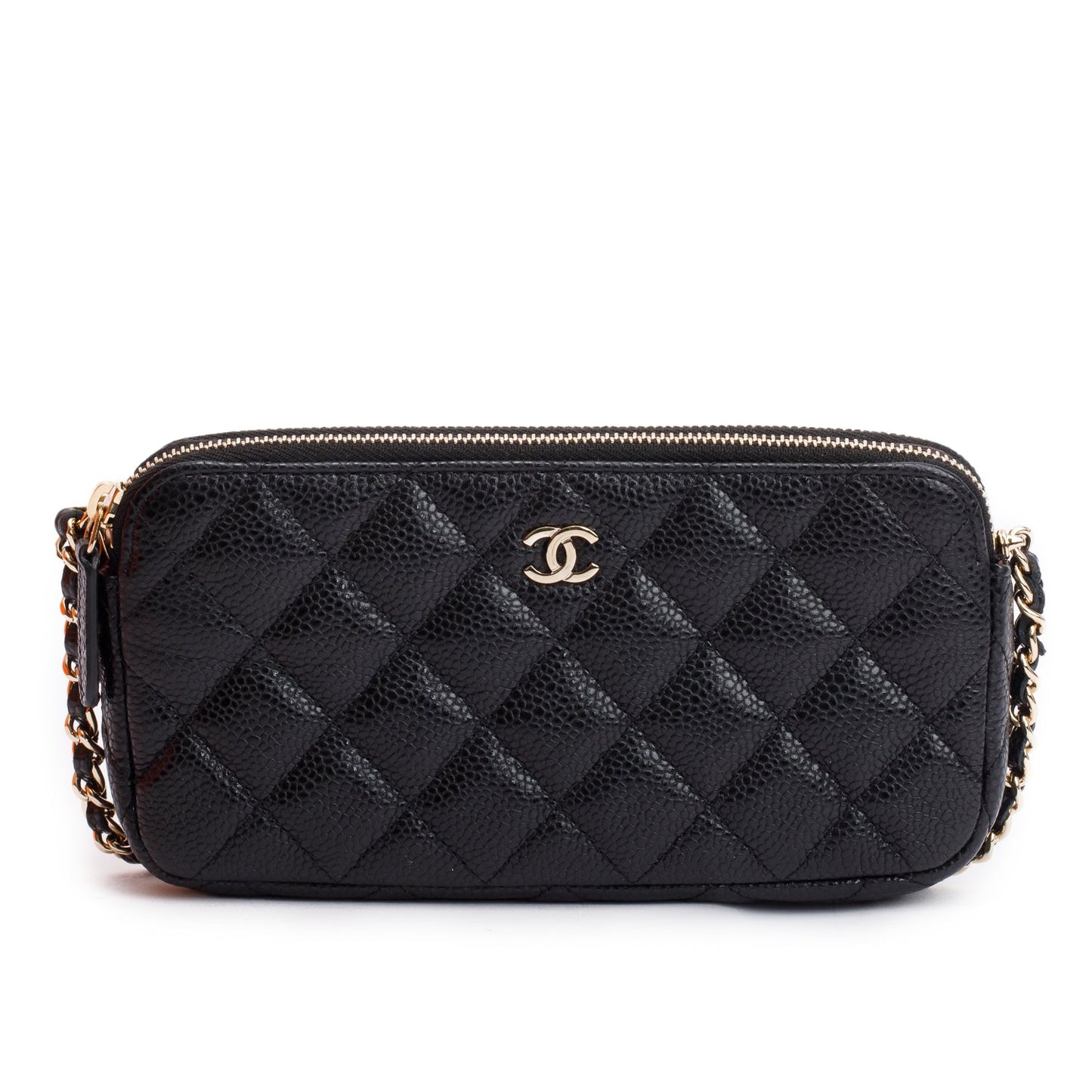 Chanel Quilted Caviar Classic Double Zip Leather Black Wallet Case
