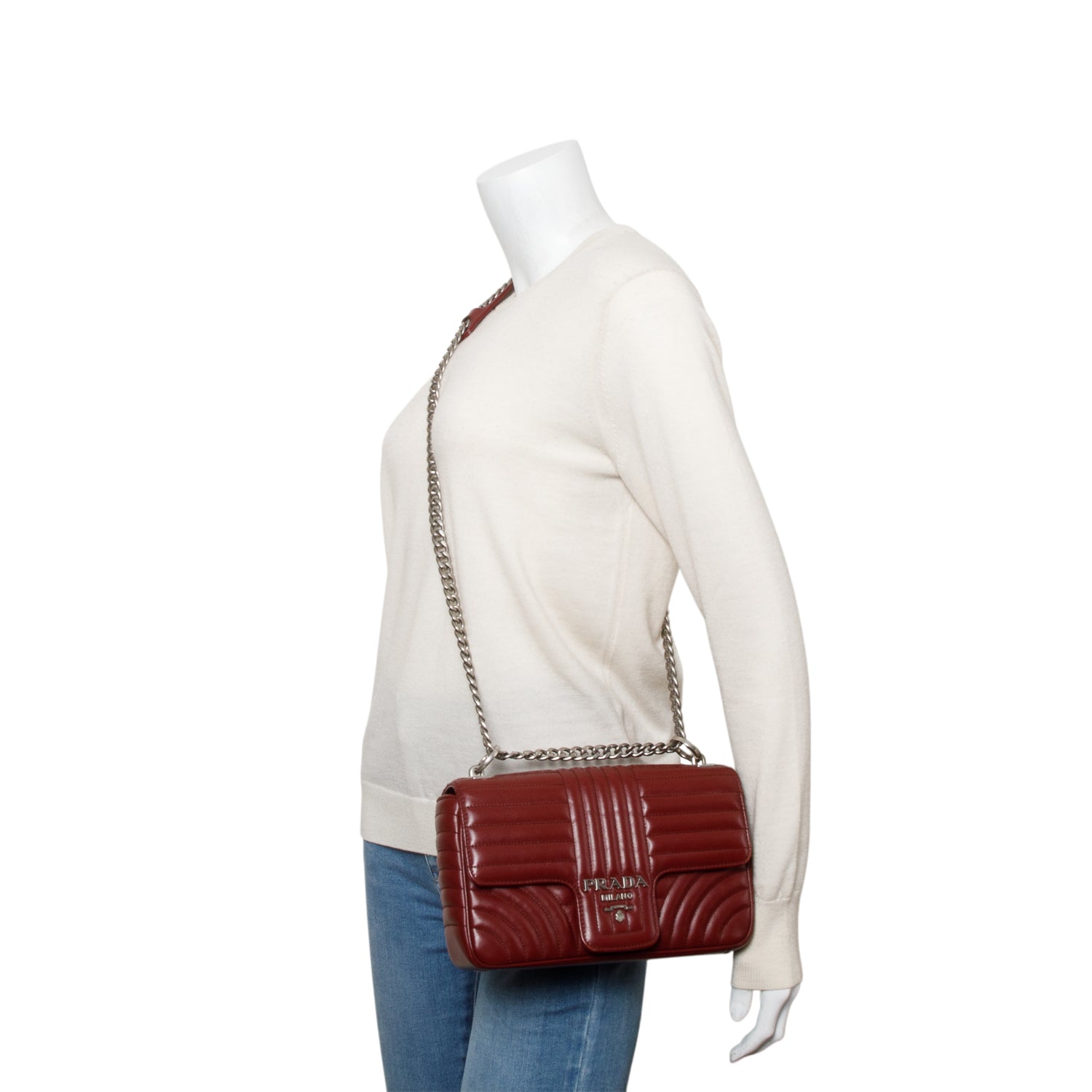 Prada Burgundy Soft Calf Impunture Diagramme Shoulder Bag Medium Chain