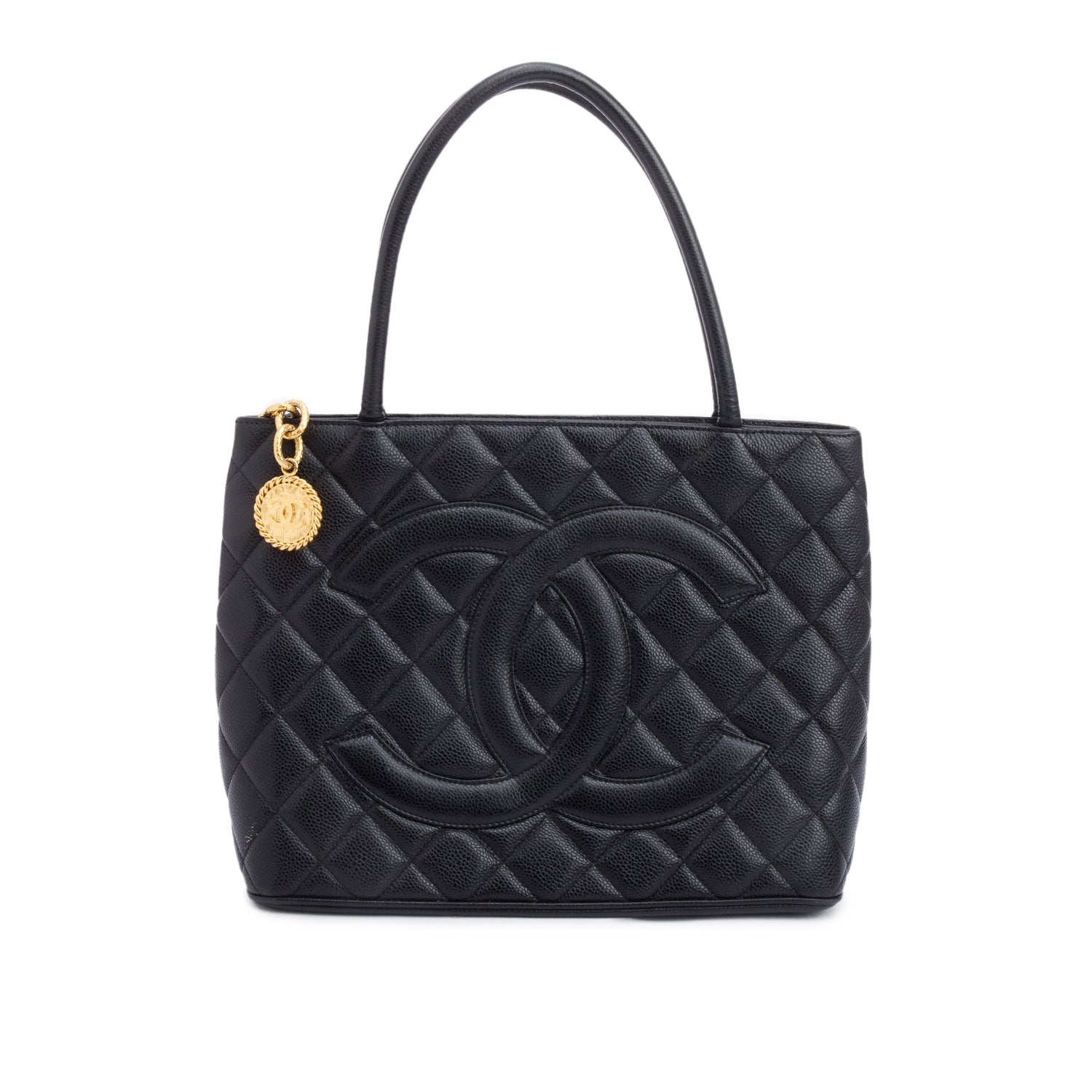 Chanel Caviar Medallion Leather Black Travel Bag Medallion Tote