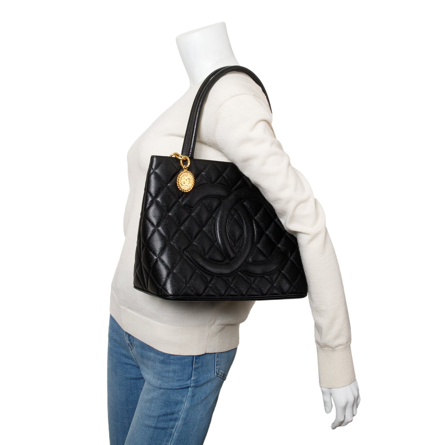Chanel Caviar Medallion Leather Black Travel Bag Medallion Tote