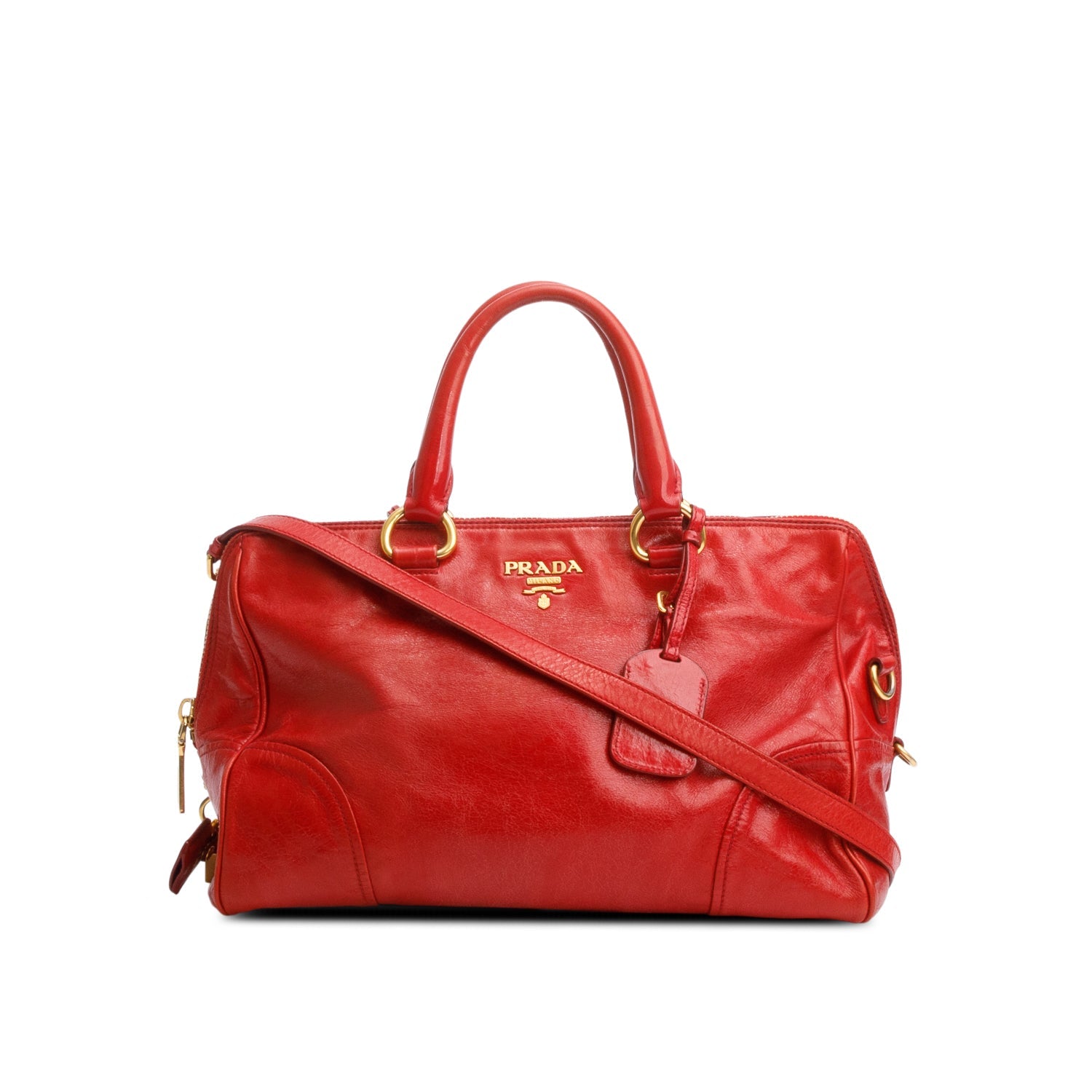 Prada Vitello Shine Bauletto Handbag Leather Red Travel Bag