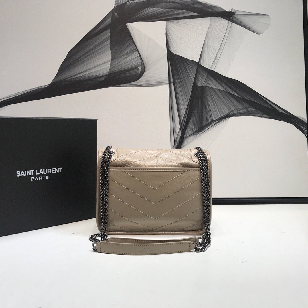 YSL Saint Laurent Niki Baby Crinkled 8in 21cm Beige Chain Handbag