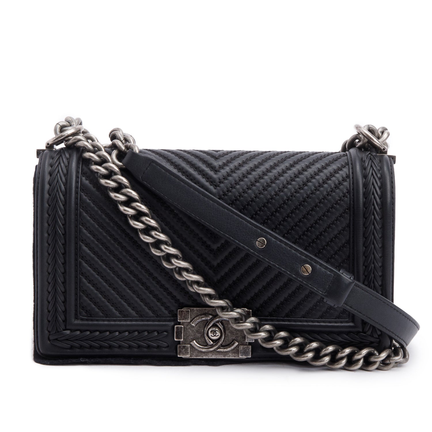 Chanel Chevron Quilted Whipstitch Boy Leather Calfskin Black Travel Bag