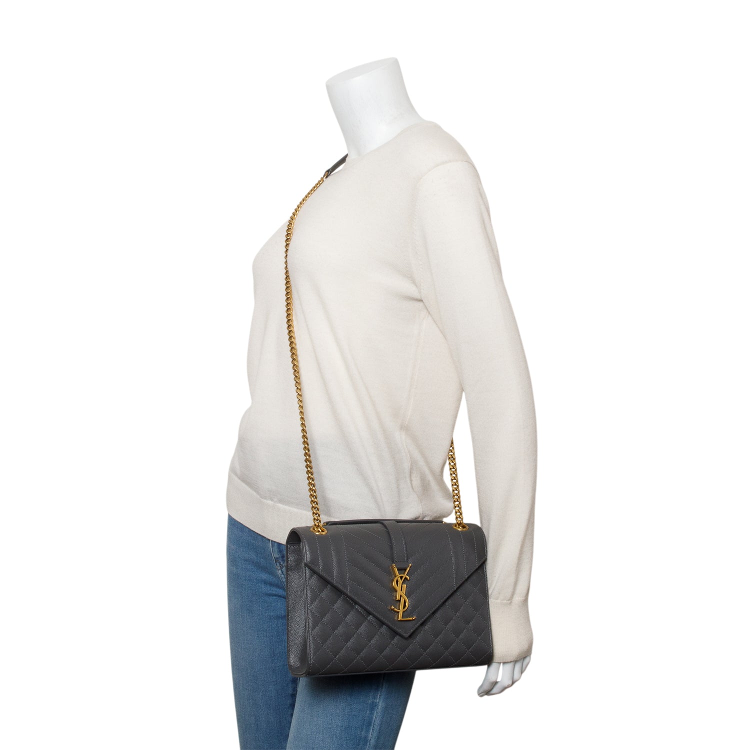 YSL Saint Laurent Grey Grained De Poudre Envelope Shoulder Bag Medium