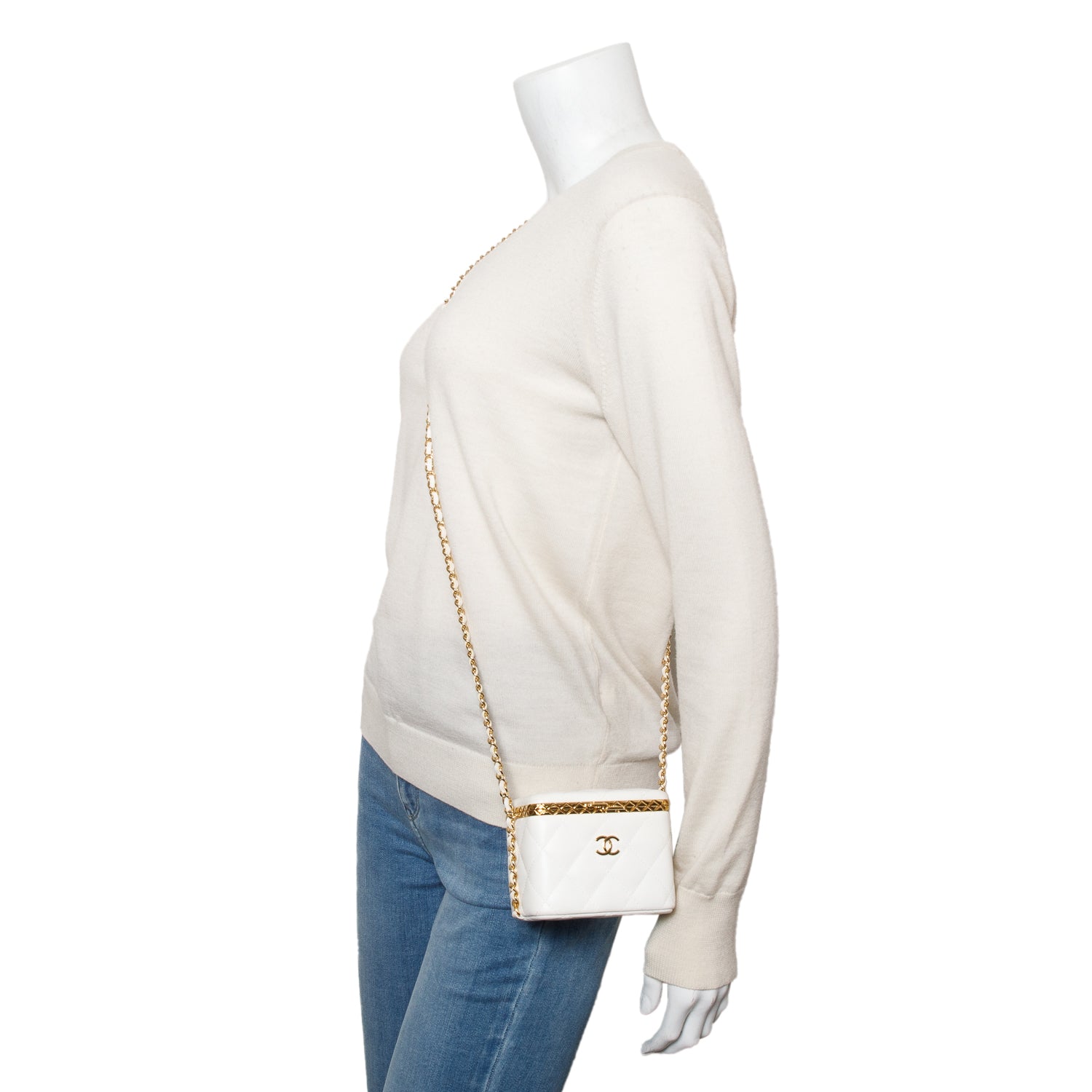 Chanel Quilted Lock Frame Vanity Leather Lambskin White Travel Bag