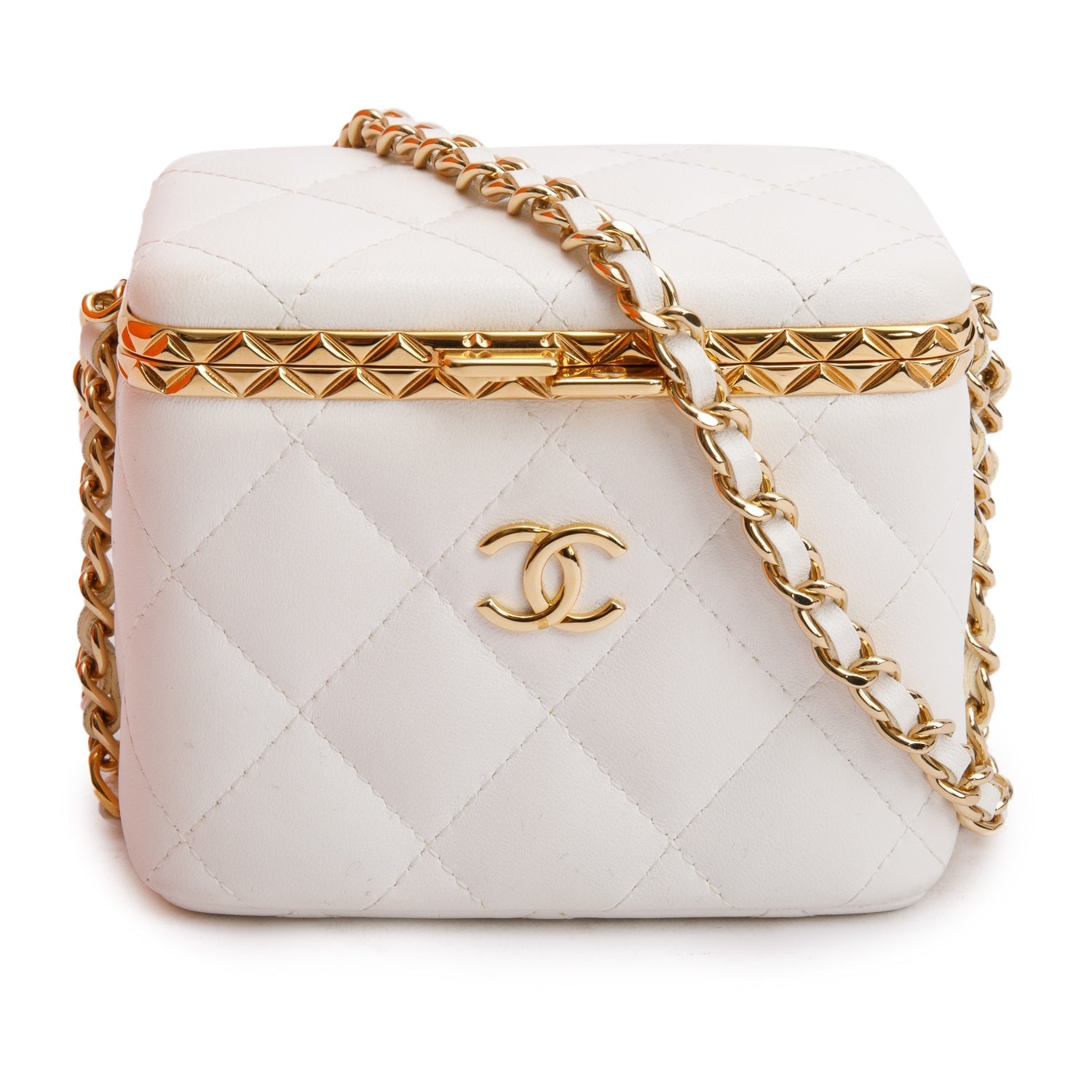 Chanel Quilted Lock Frame Vanity Leather Lambskin White Travel Bag