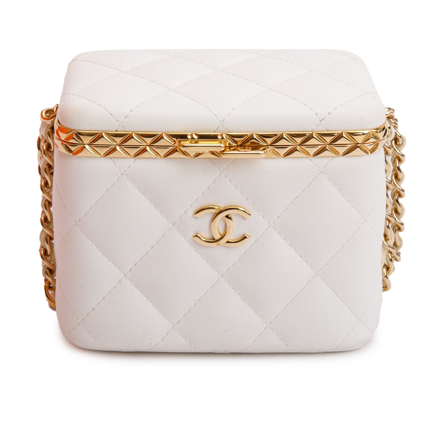 Chanel Quilted Lock Frame Vanity Leather Lambskin White Travel Bag