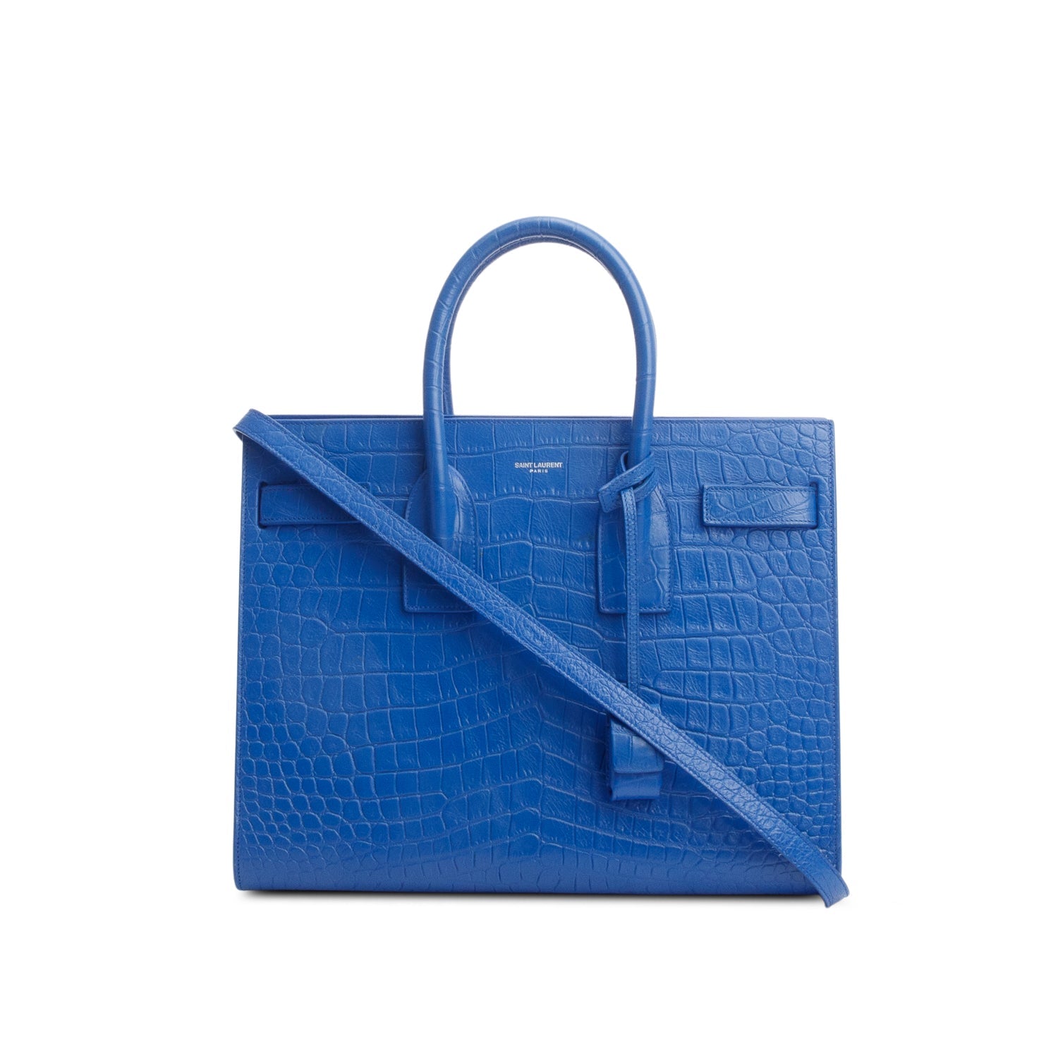 YSL Saint Laurent Crocodile Embossed Calfskin Sac De Jour Travel Leather Blue Travel Bag