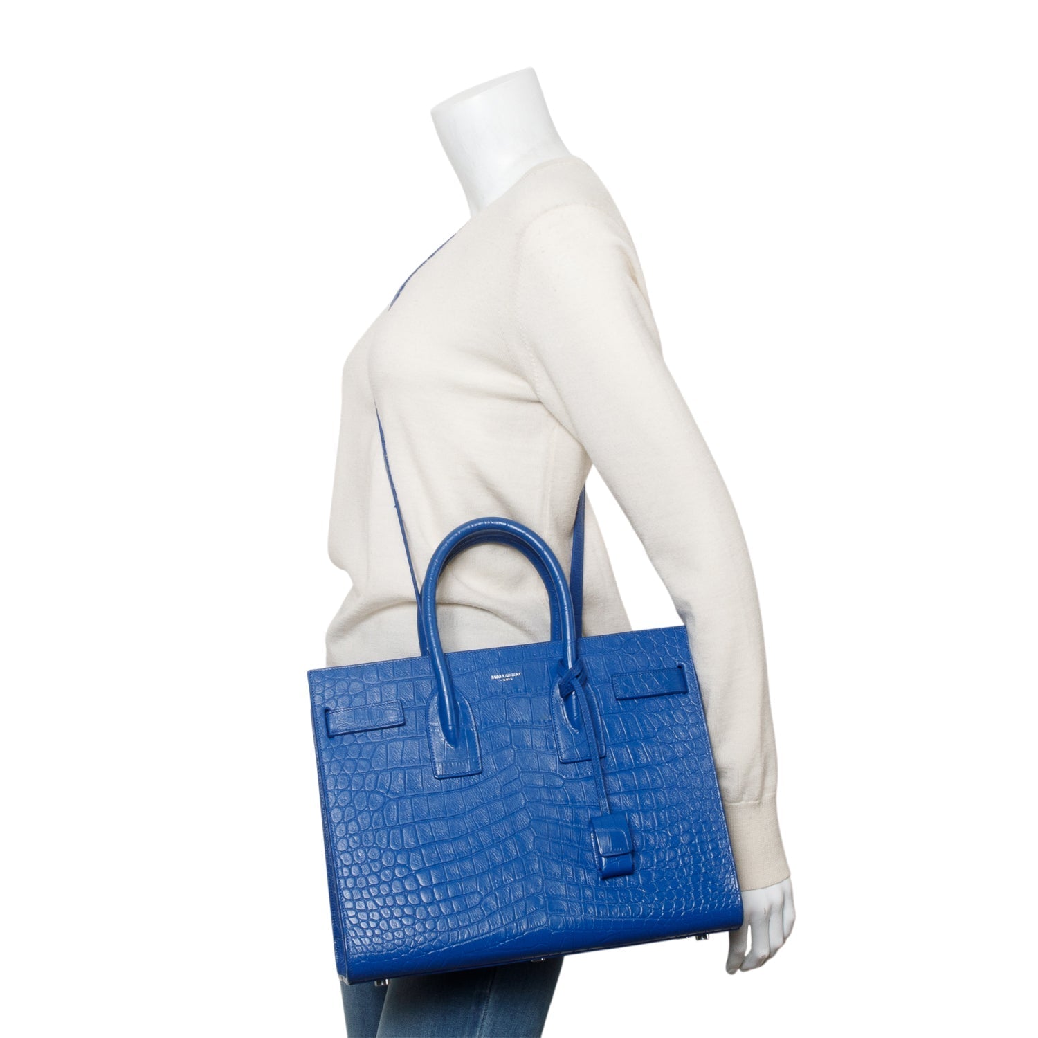 YSL Saint Laurent Crocodile Embossed Calfskin Sac De Jour Travel Leather Blue Travel Bag
