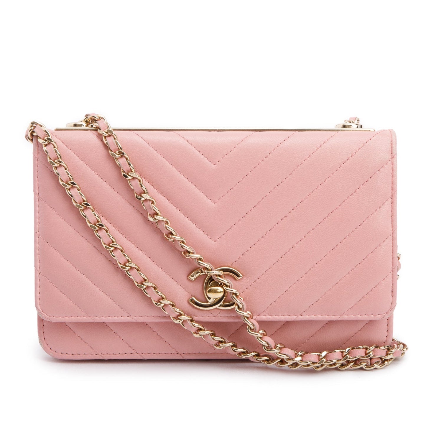Chanel Chevron Quilted Trendy on Leather Lambskin Pink Wallet Case