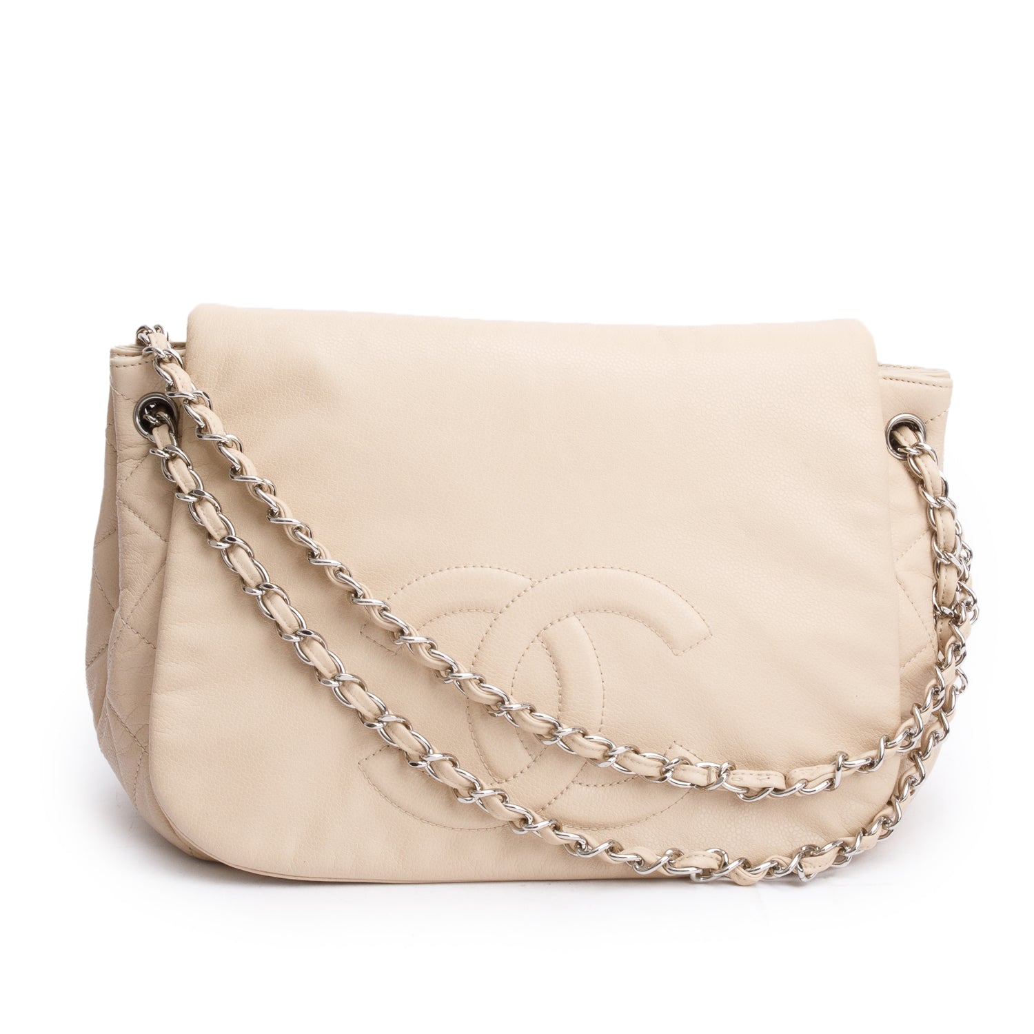 Chanel Caviar CC Timeless Accordion Flap Leather White Travel Bag