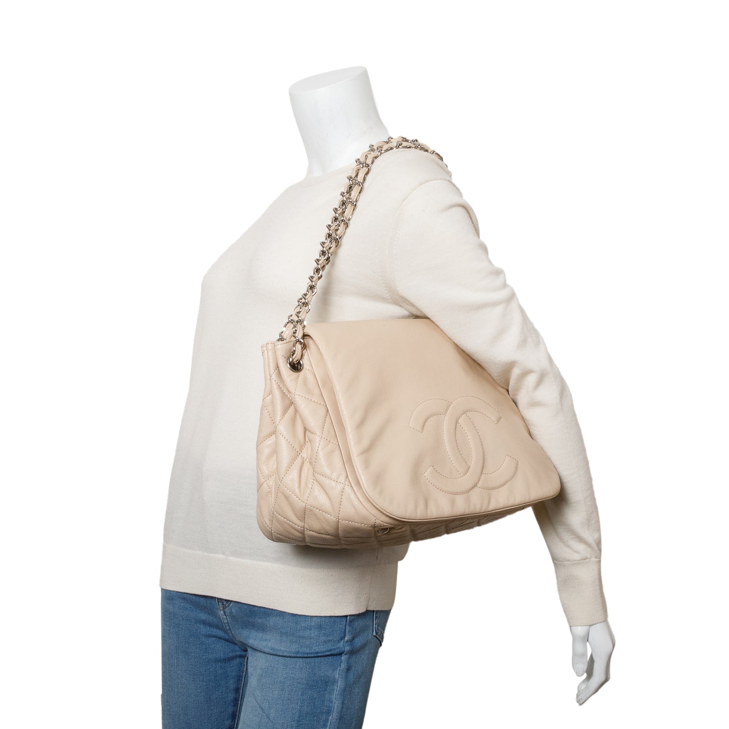 Chanel Caviar CC Timeless Accordion Flap Leather White Travel Bag