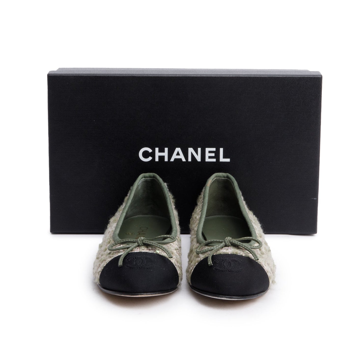 Chanel Satin Tweed Interlocking CC Logo Black Green Multicolor Shoes