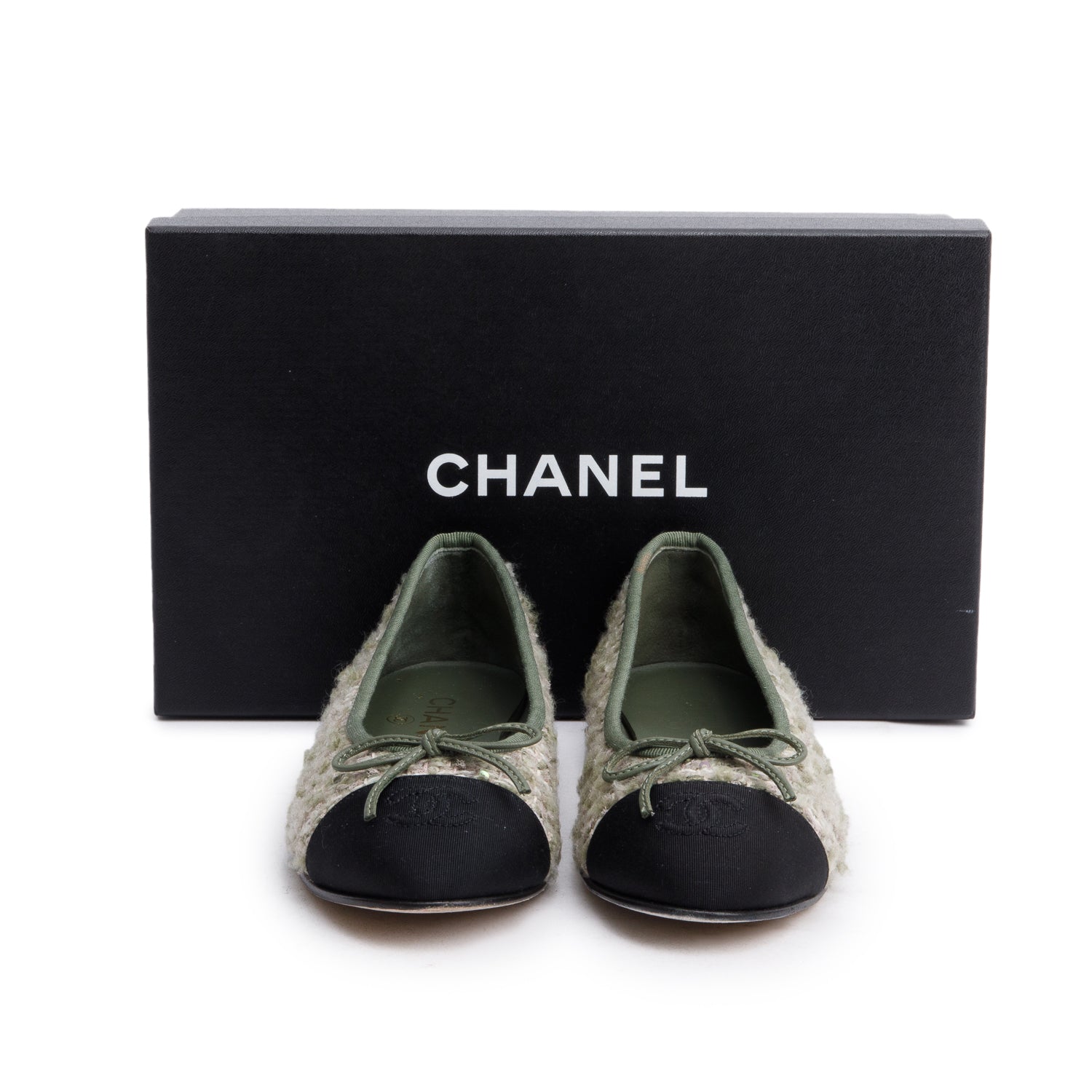 Chanel Satin Tweed Interlocking CC Logo Black Green Multicolor Shoes