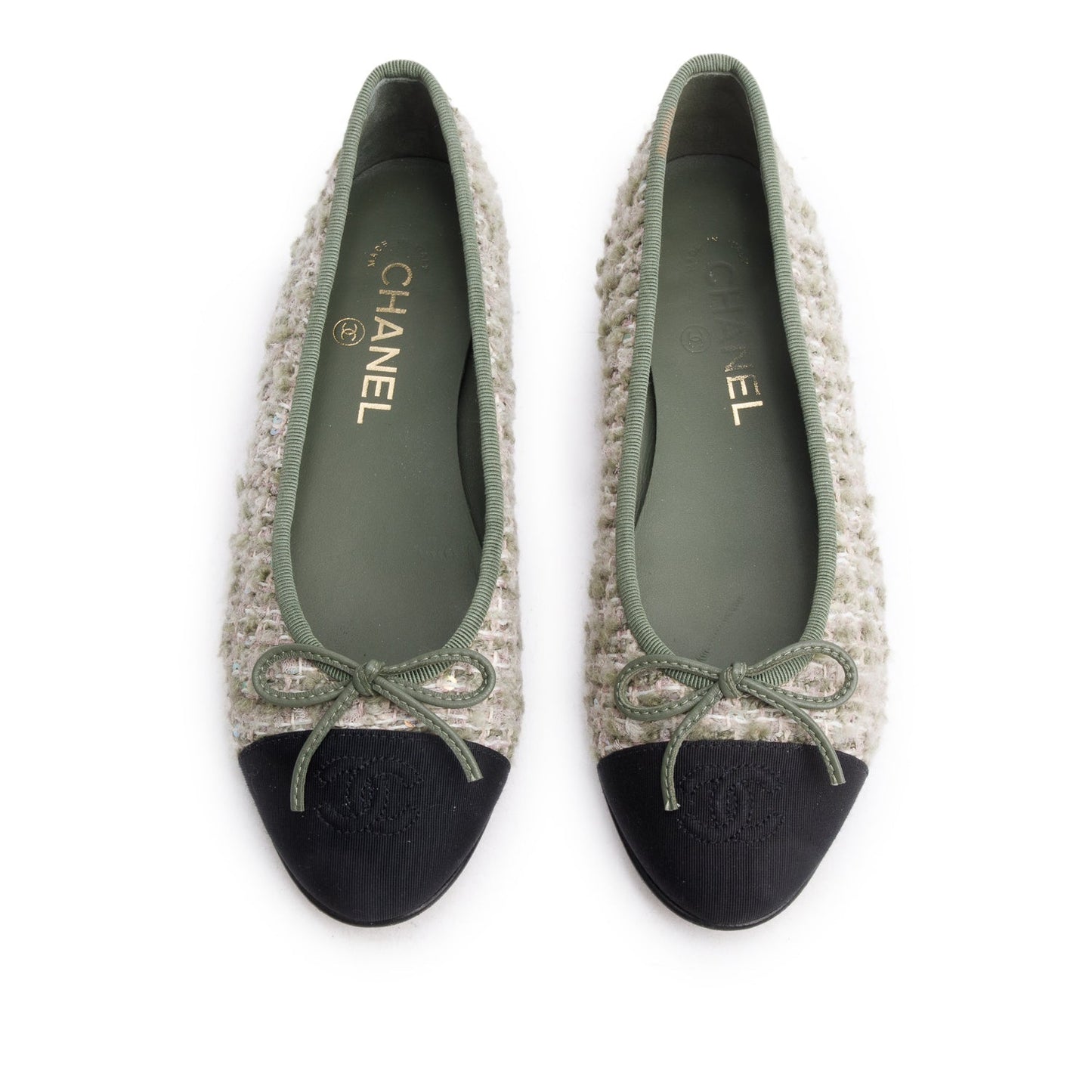 Chanel Satin Tweed Interlocking CC Logo Black Green Multicolor Shoes