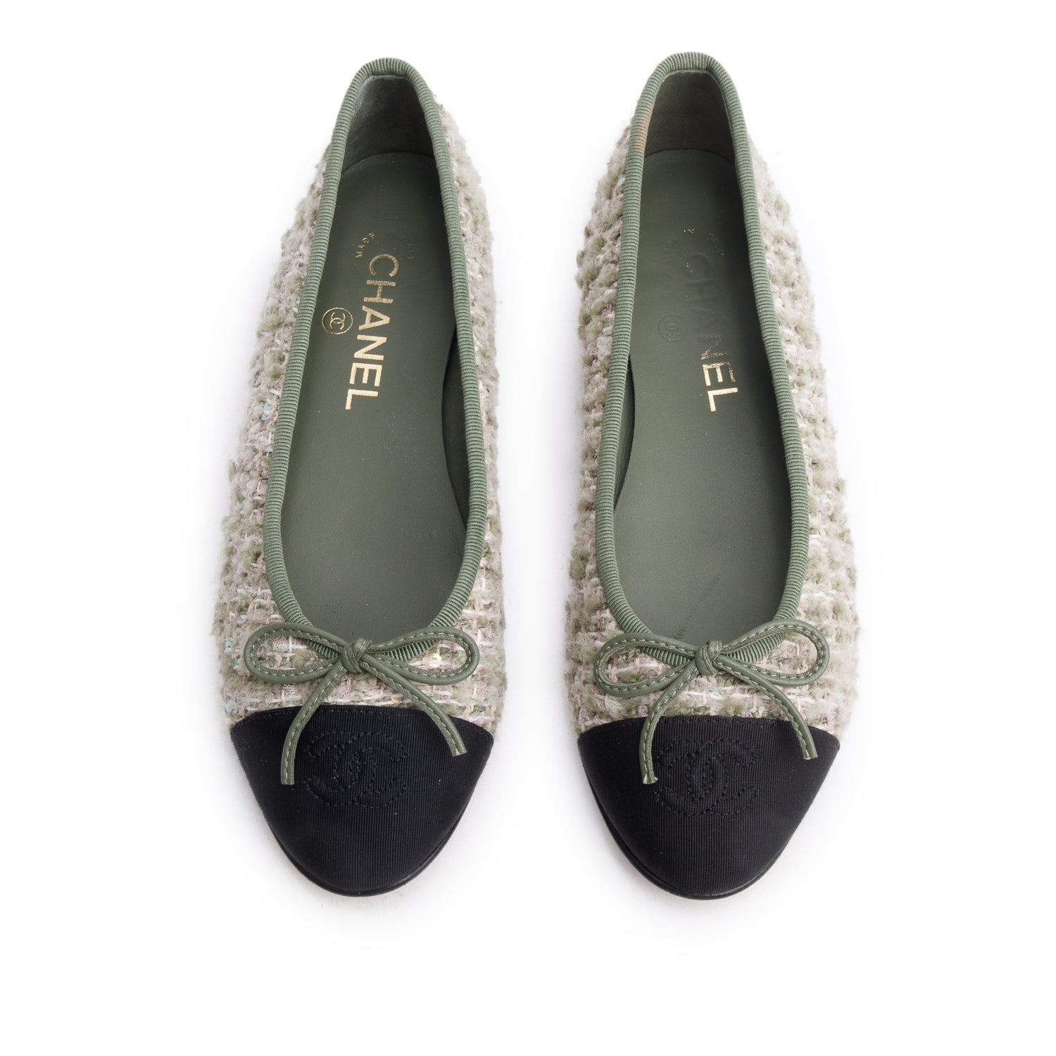 Chanel Satin Tweed Interlocking CC Logo Black Green Multicolor Shoes