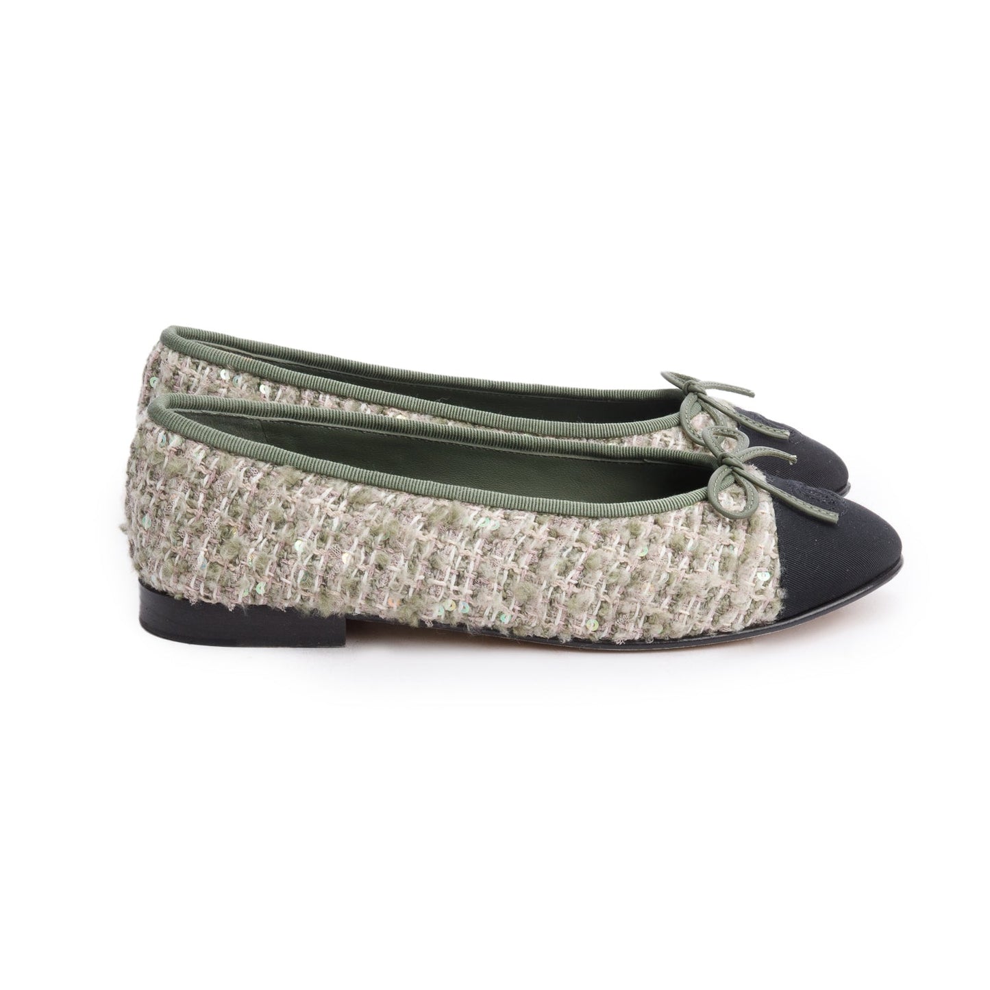 Chanel Satin Tweed Interlocking CC Logo Black Green Multicolor Shoes