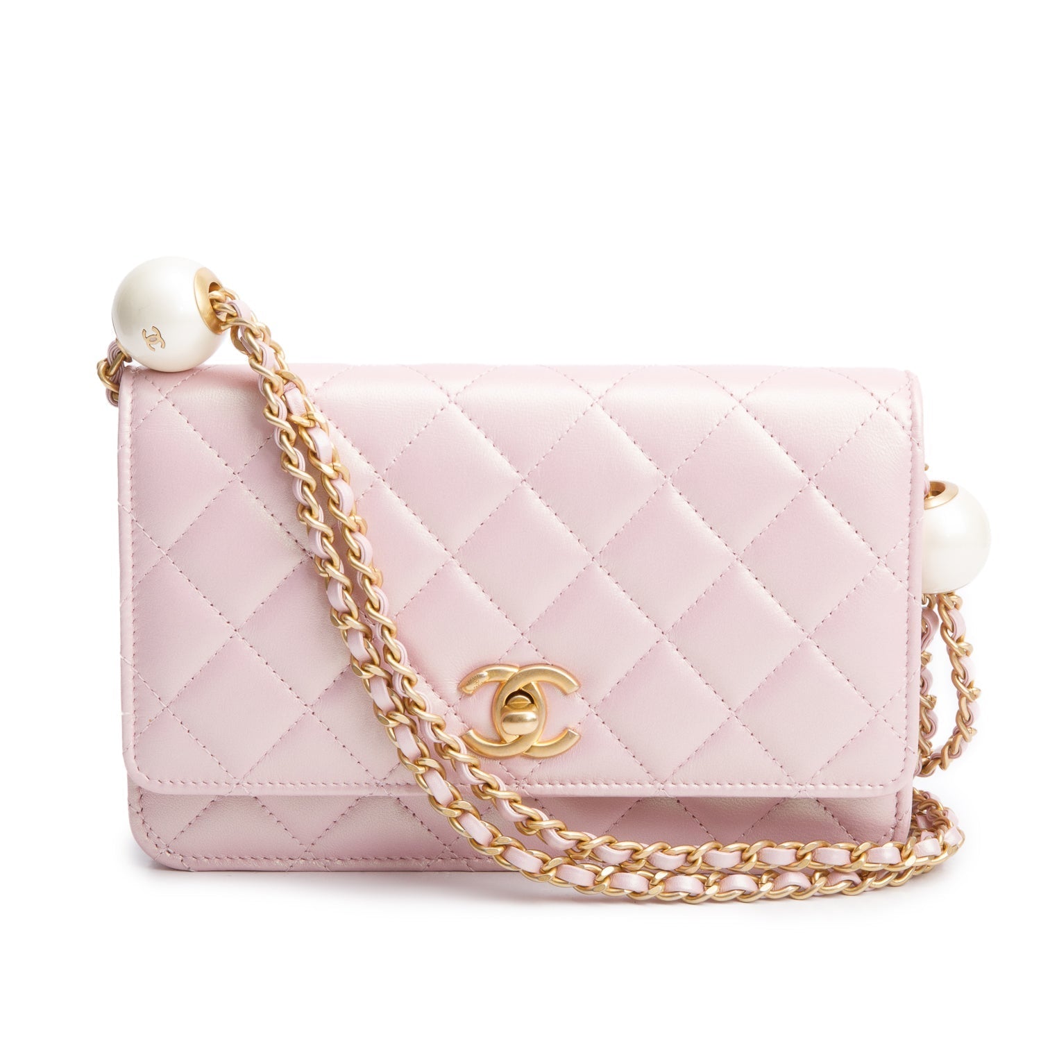 Chanel Iridescent Quilted CC Pearl Crush Leather Lambskin Pink Wallet Case