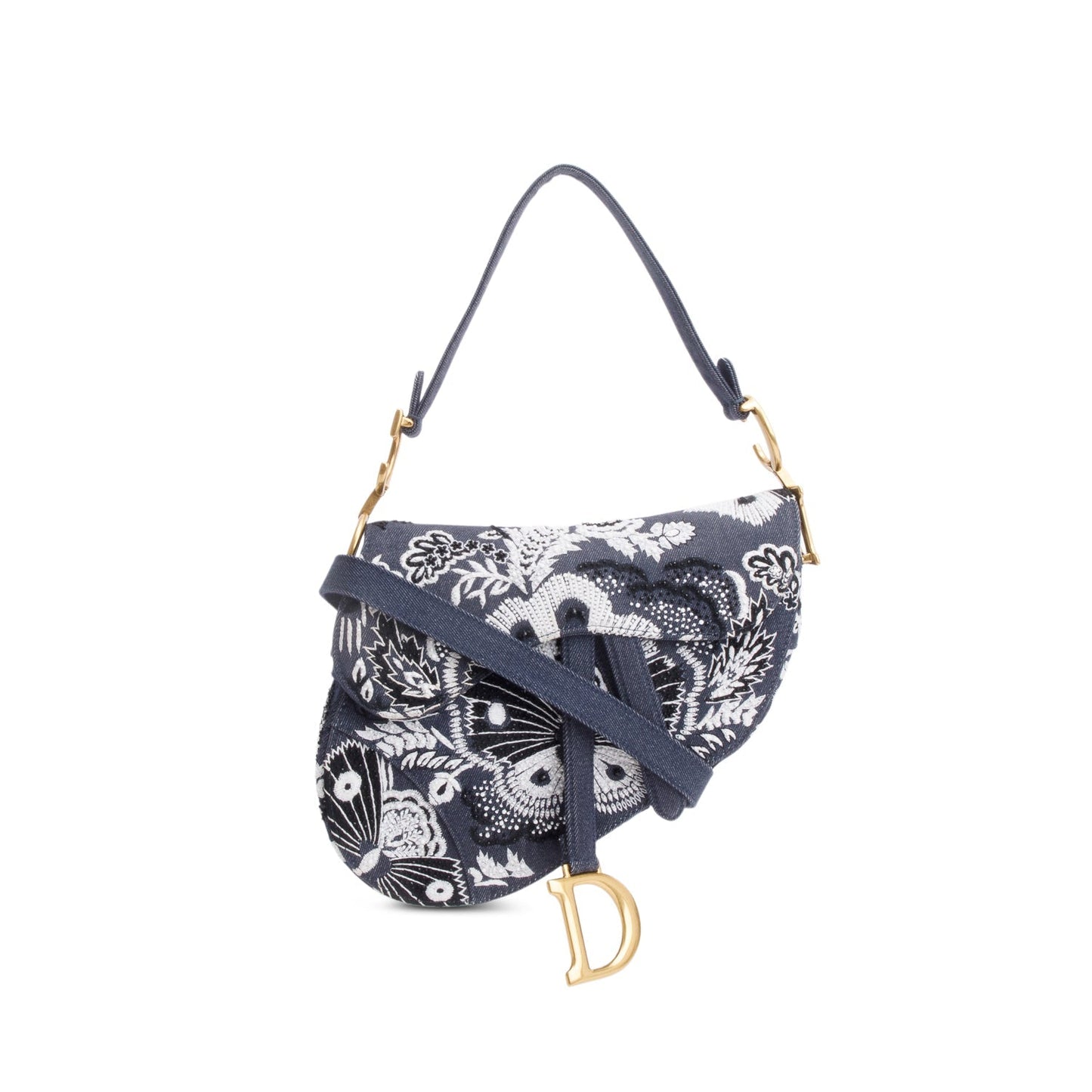 Dior Christian Embroidered Strass Beaded Butterfly & Flowers Denim Blue Travel Bag