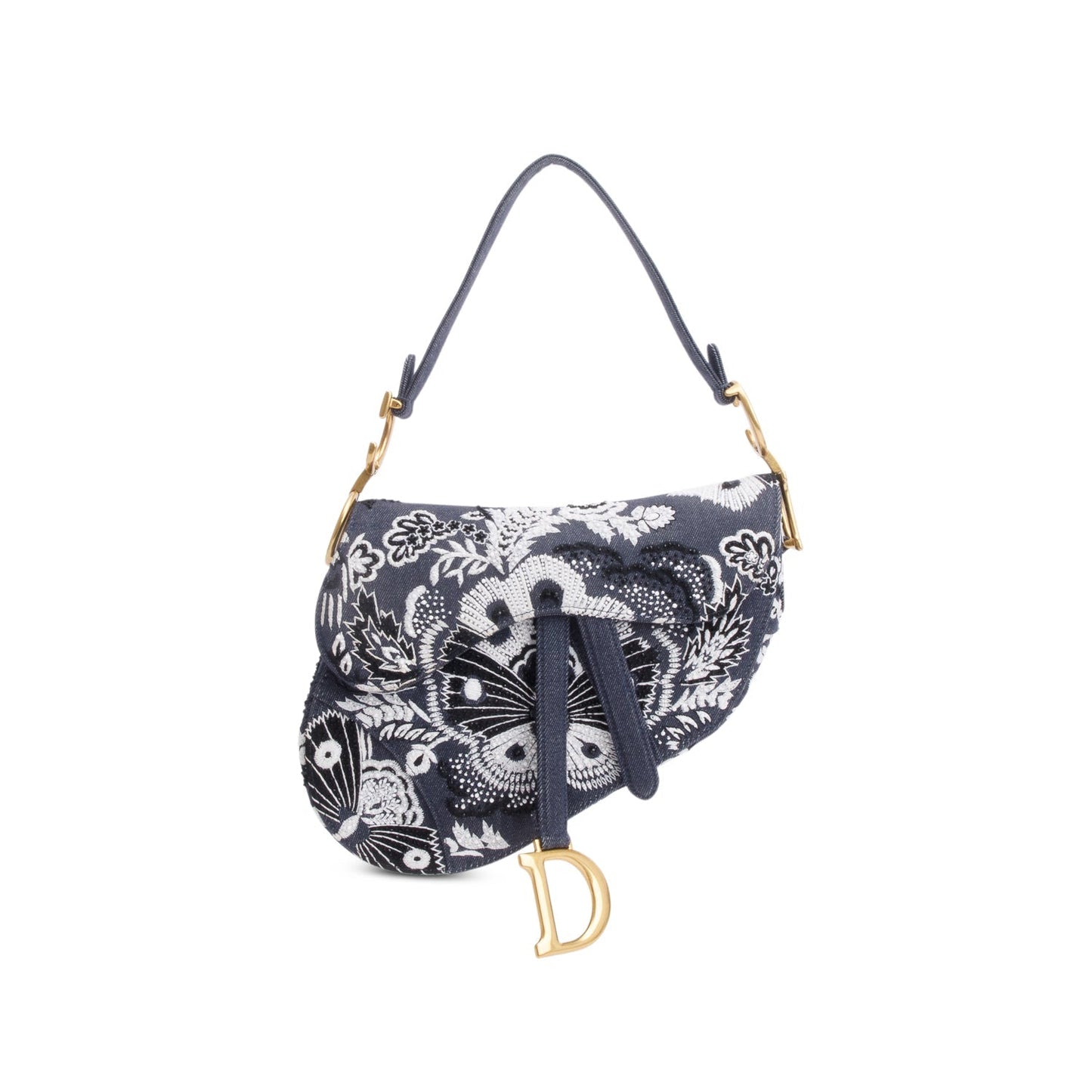 Dior Christian Embroidered Strass Beaded Butterfly & Flowers Denim Blue Travel Bag