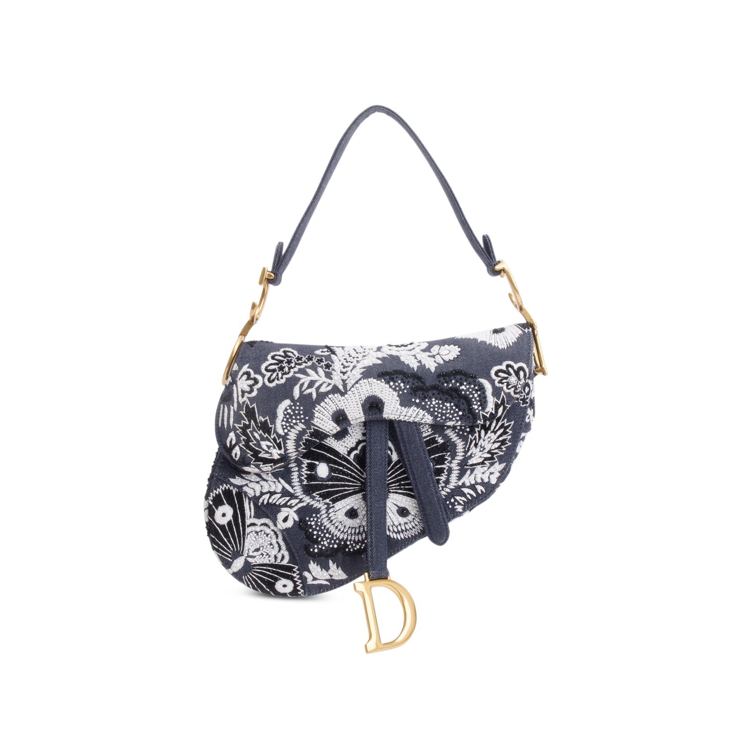 Dior Christian Embroidered Strass Beaded Butterfly & Flowers Denim Blue Travel Bag