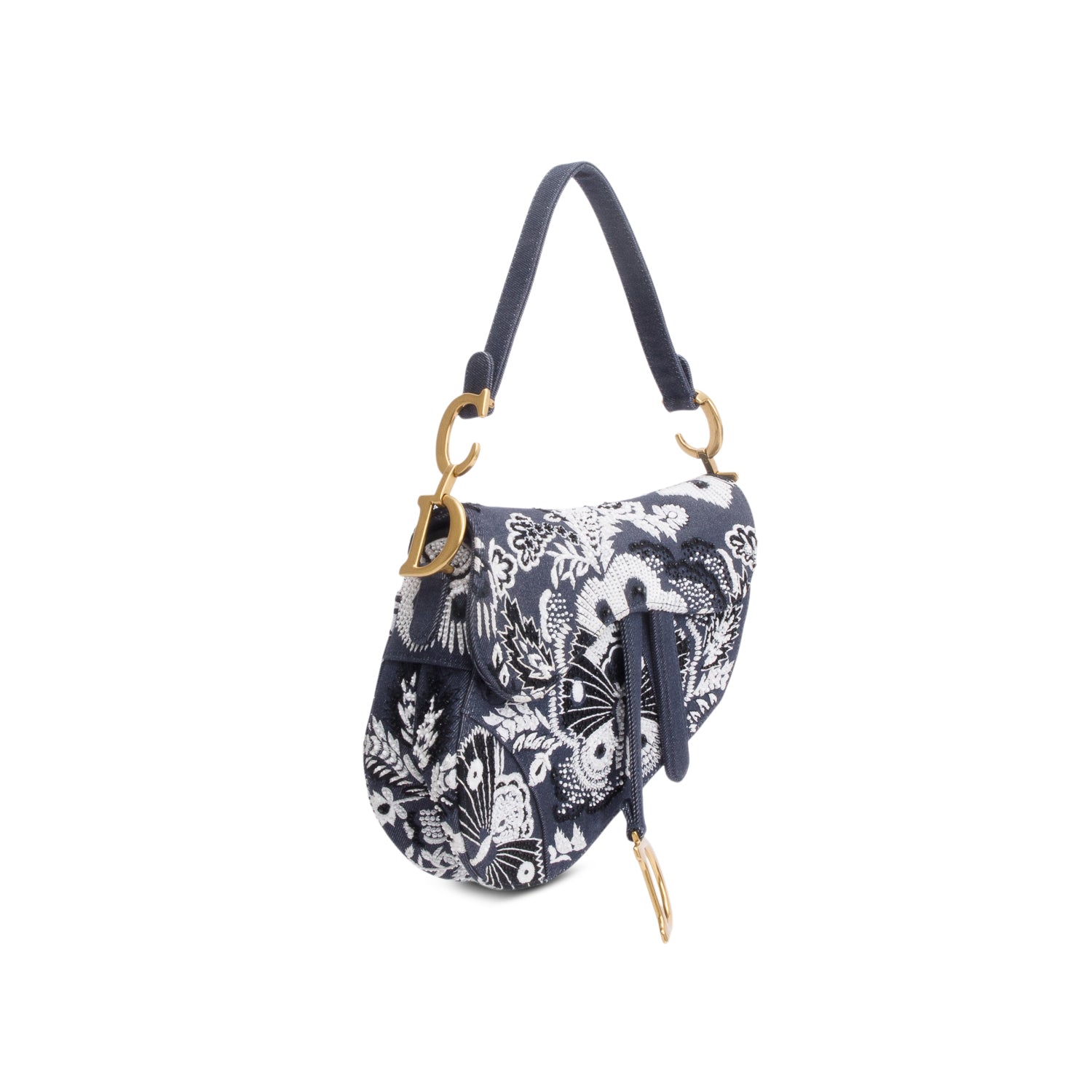Dior Christian Embroidered Strass Beaded Butterfly & Flowers Denim Blue Travel Bag