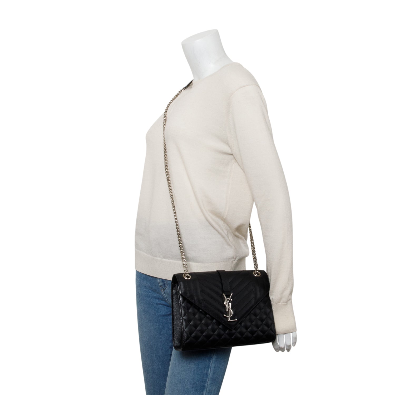 YSL Saint Laurent Grained De Poudre Envelope Shoulder Bag Black Medium
