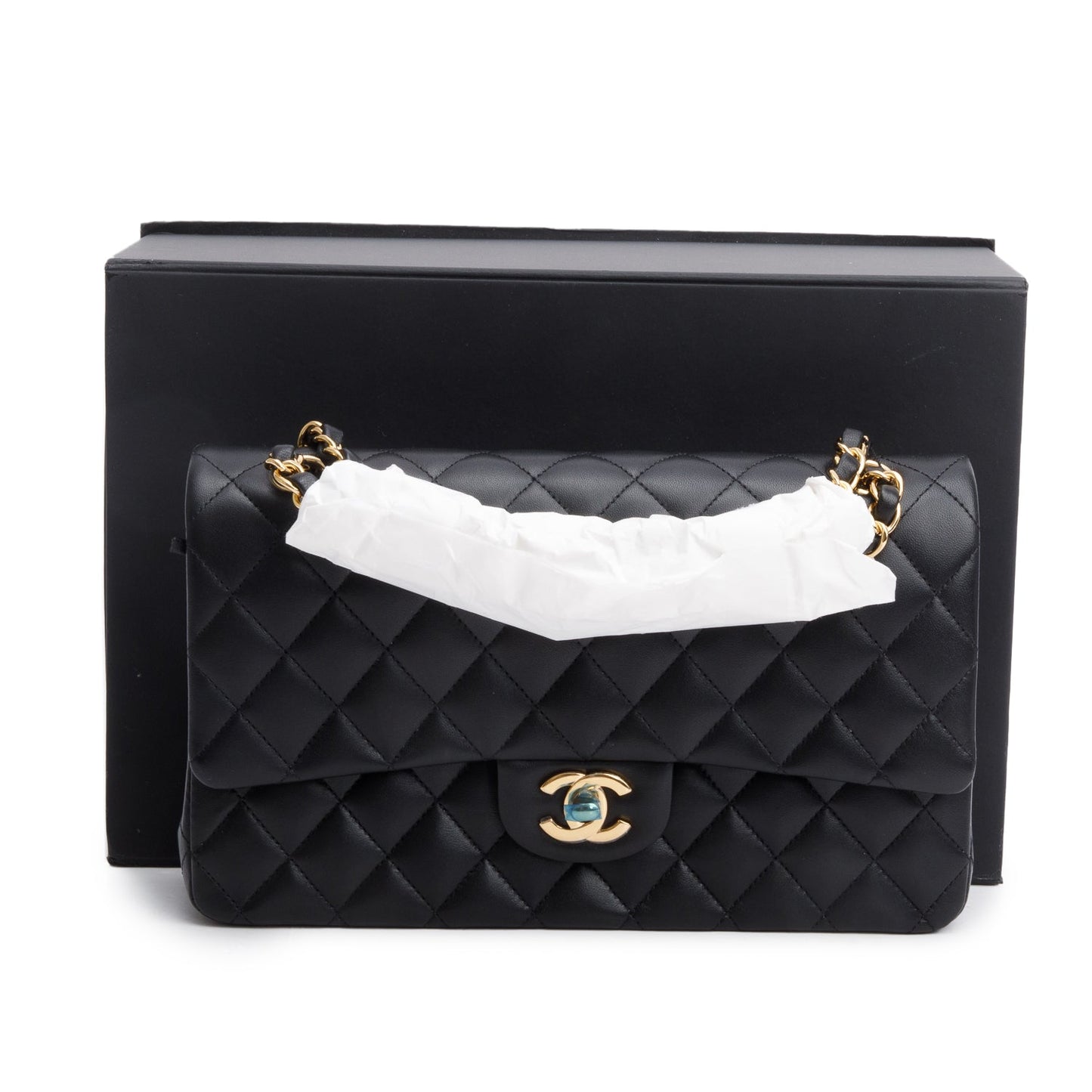 Chanel Quilted Classic Double Flap Leather Lambskin Black Travel Bag W Box