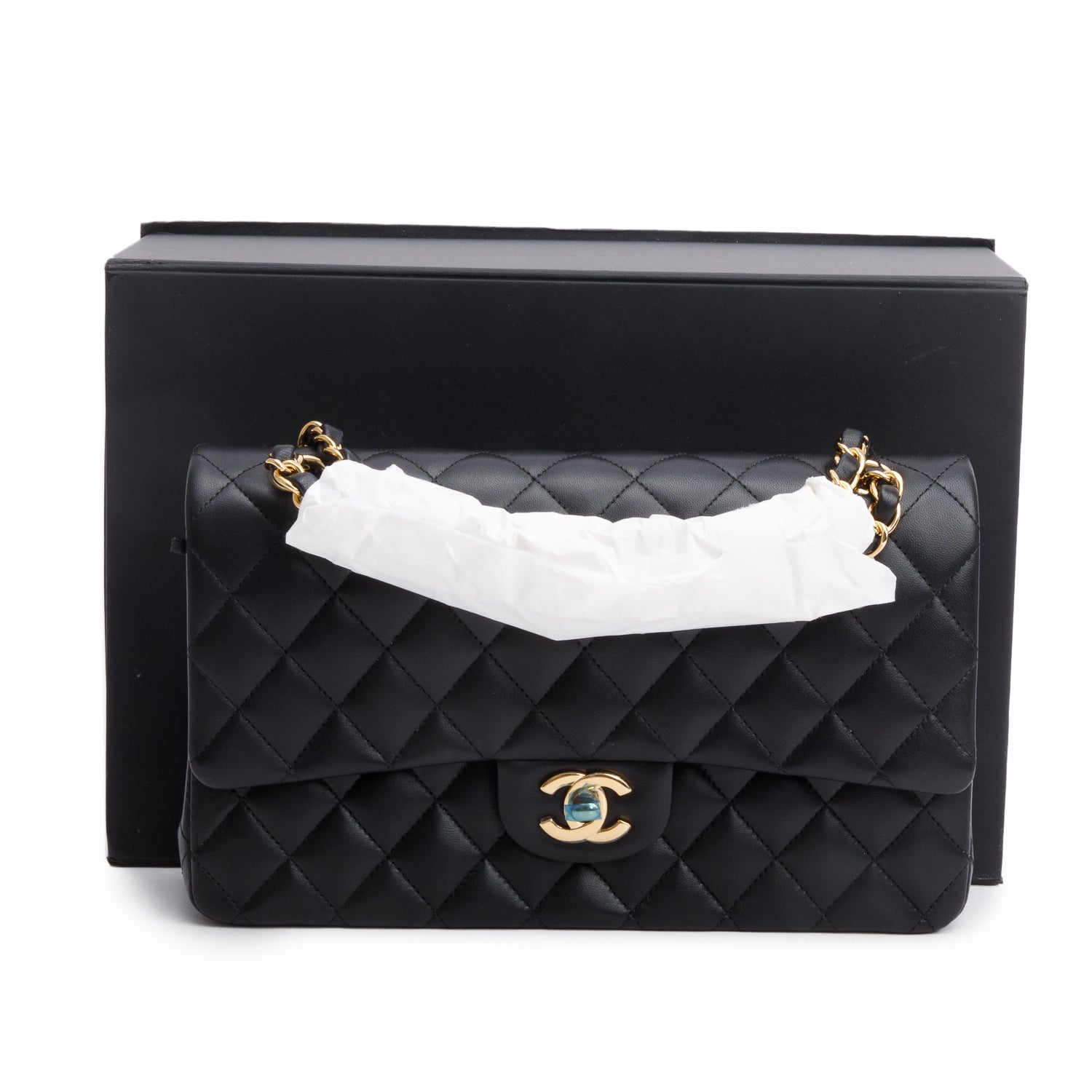 Chanel Quilted Classic Double Flap Leather Lambskin Black Travel Bag W Box