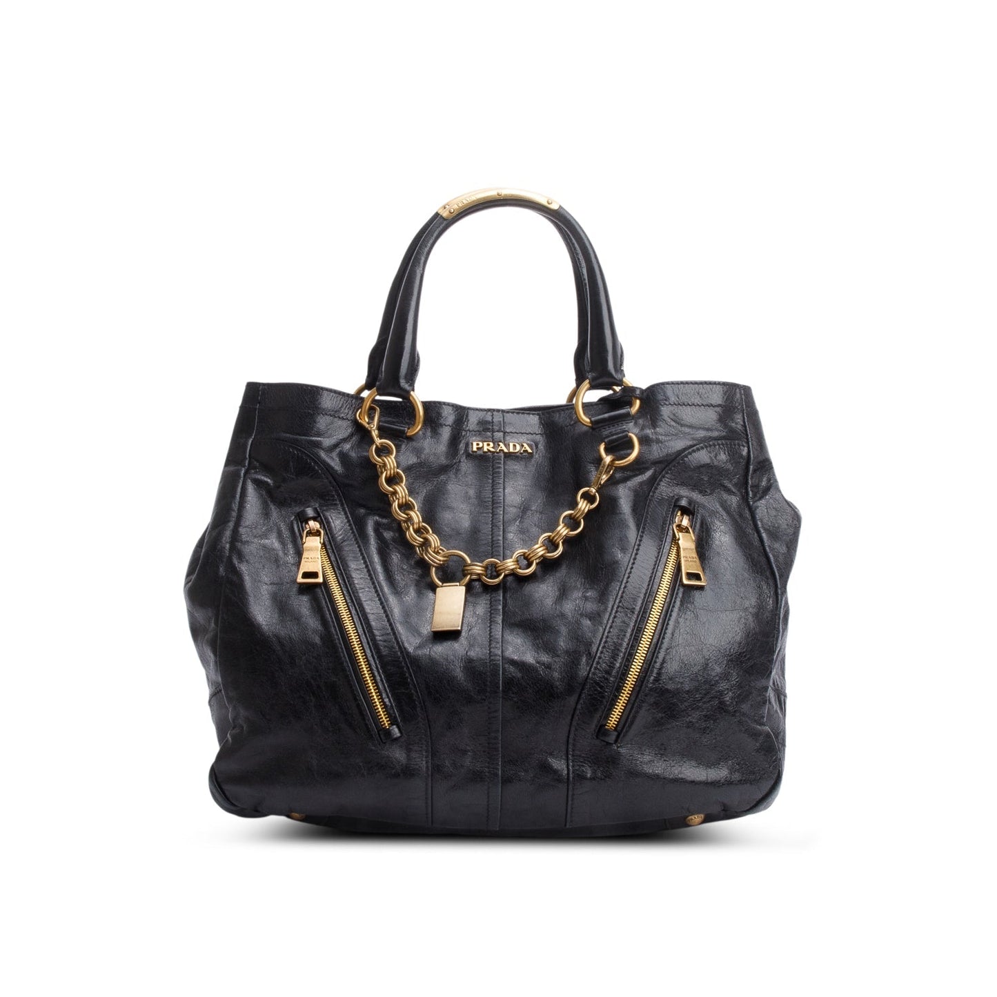 Prada Vitello Shine Hobo Handbag Black Chain Travel Bag