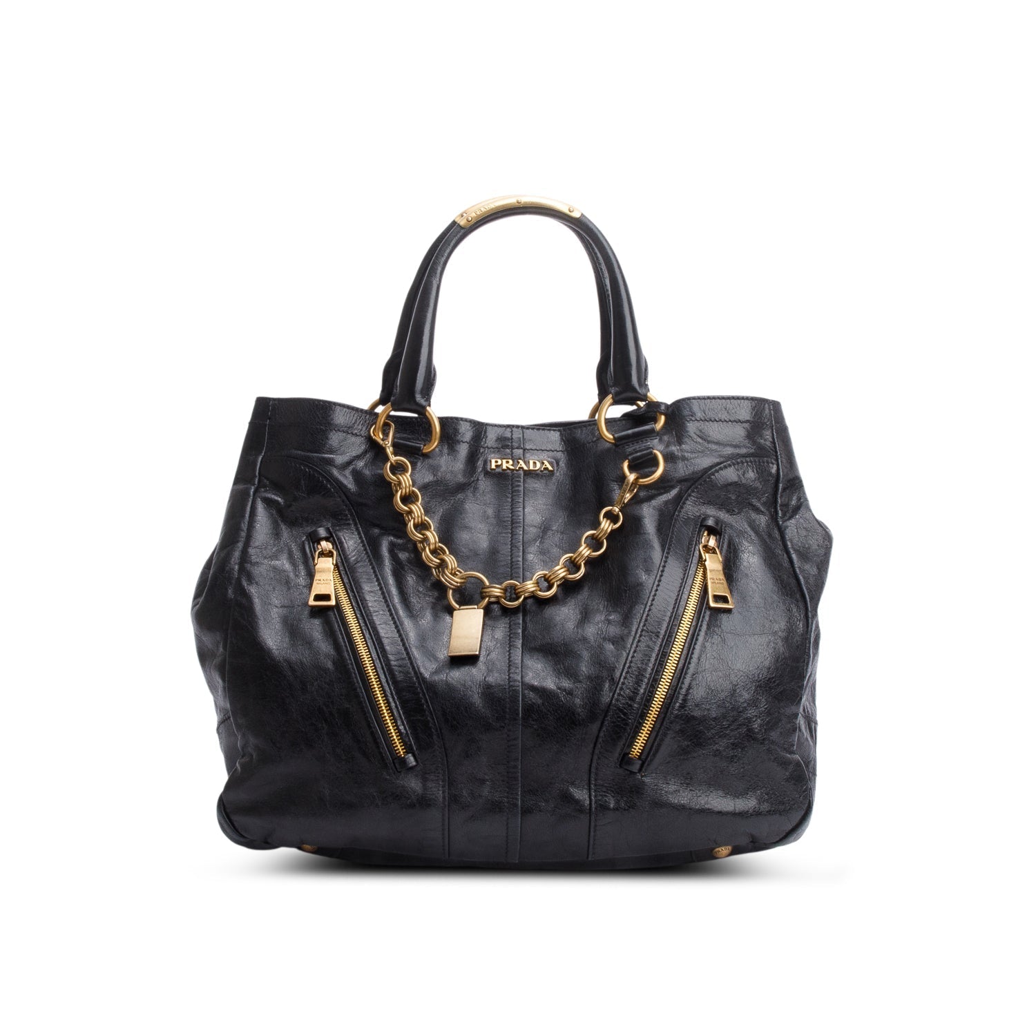Prada Vitello Shine Hobo Handbag Black Chain Travel Bag