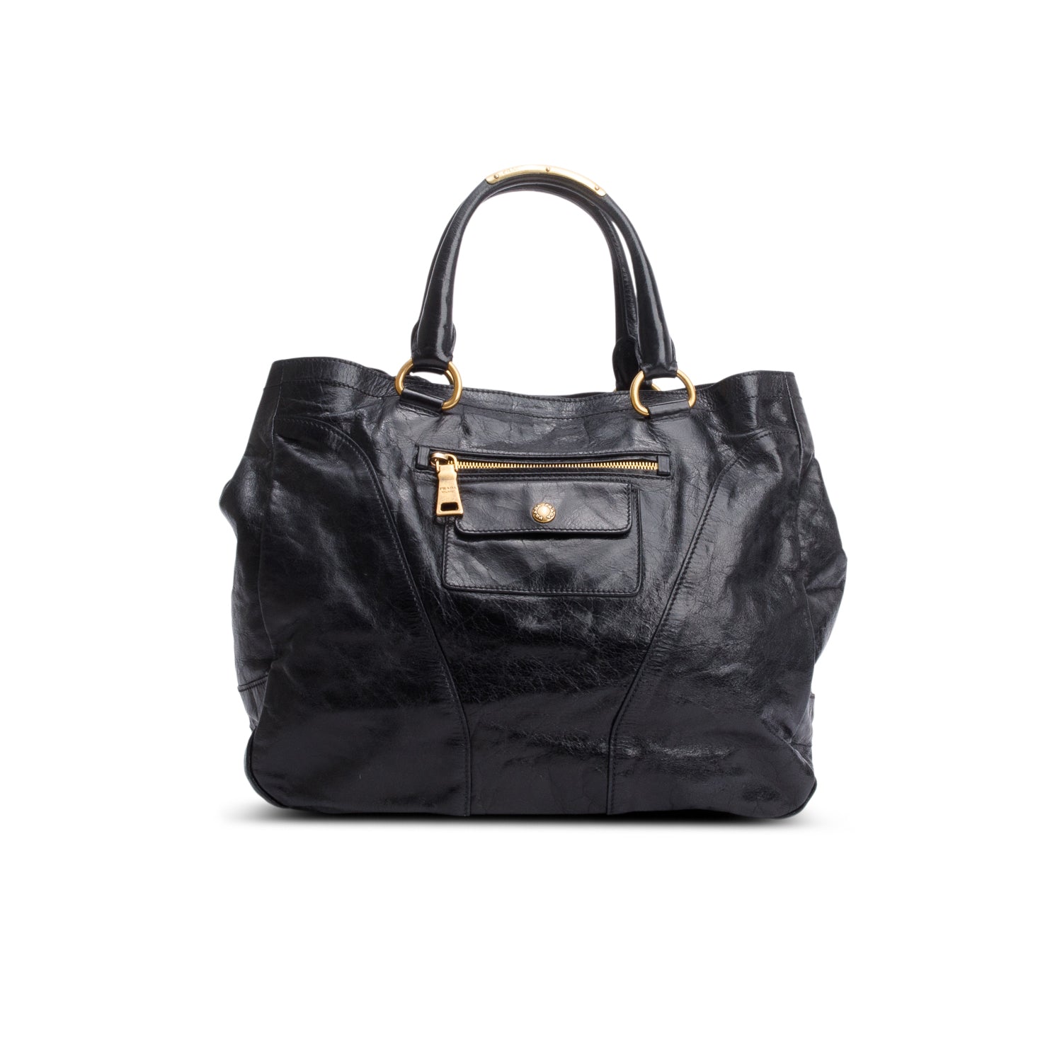 Prada Vitello Shine Hobo Handbag Black Chain Travel Bag