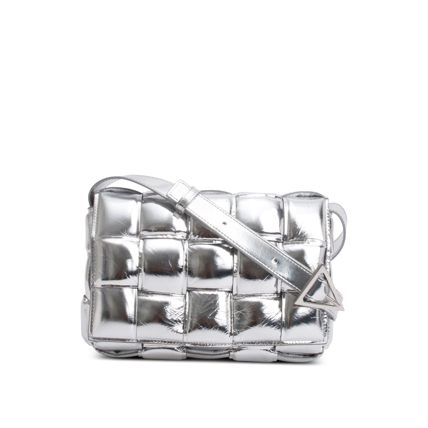 Bottega Veneta Metallic Nappa Intrecciato Padded Cassette Bag Silver Chain Travel Bag