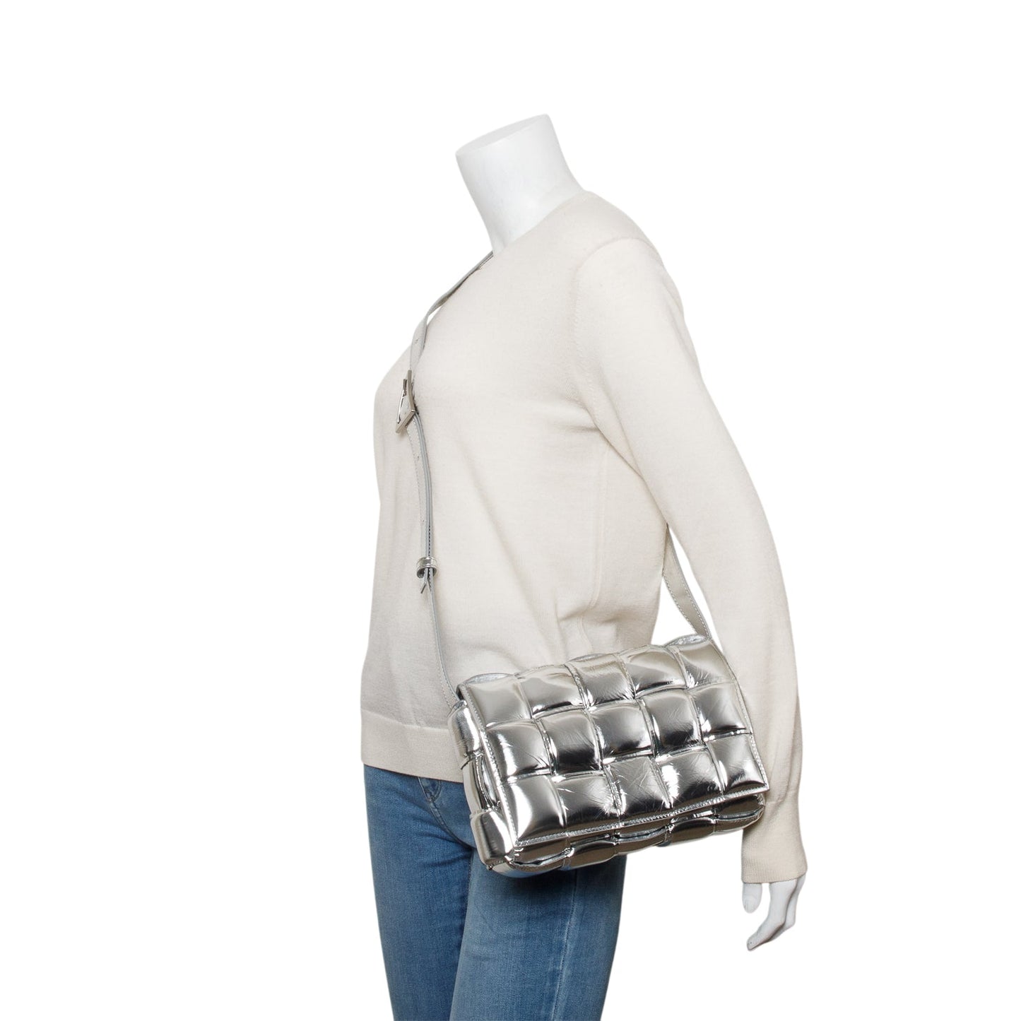 Bottega Veneta Metallic Nappa Intrecciato Padded Cassette Bag Silver Chain Travel Bag
