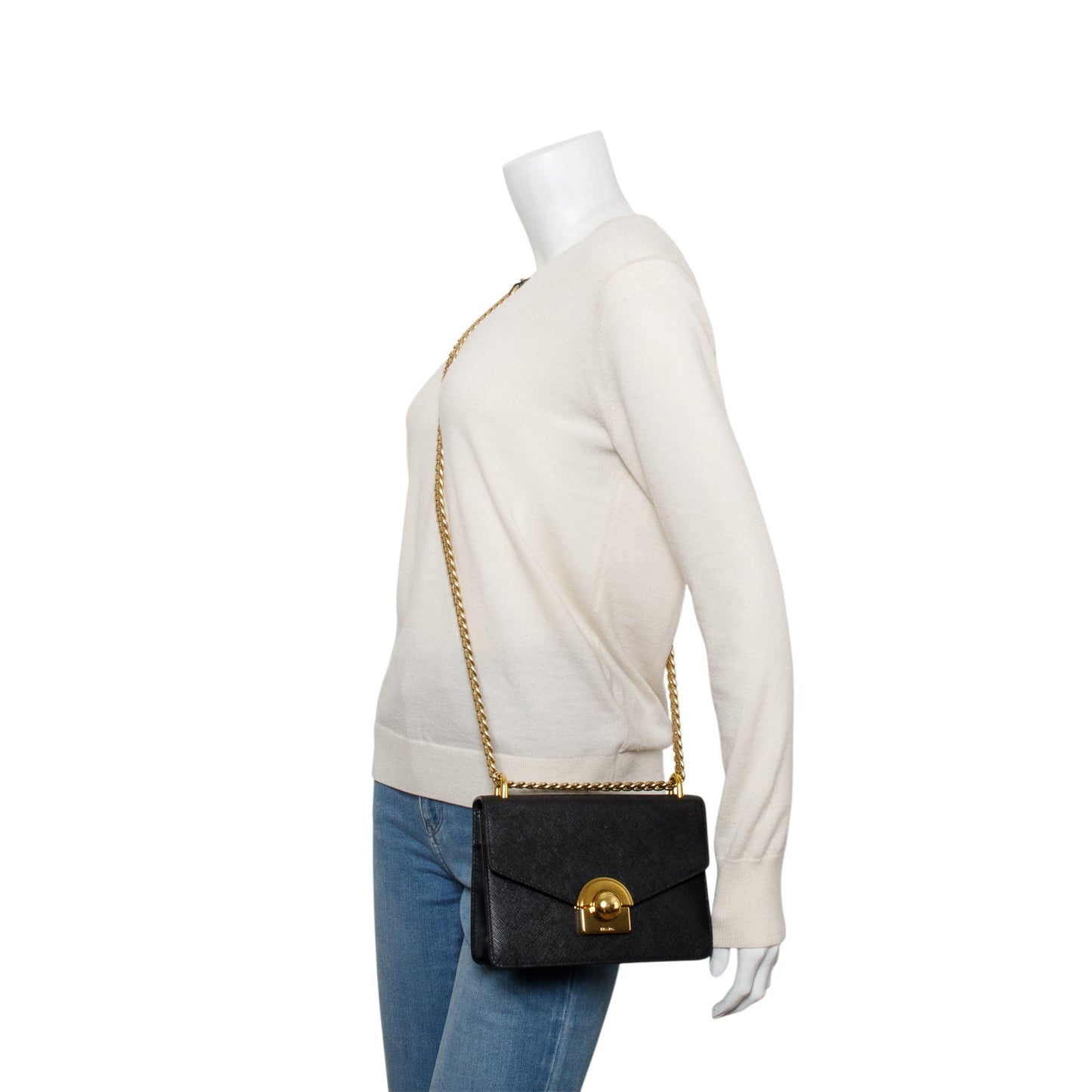 Prada Saffiano Soft Calf Arcade Shoulder Bag Leather Black