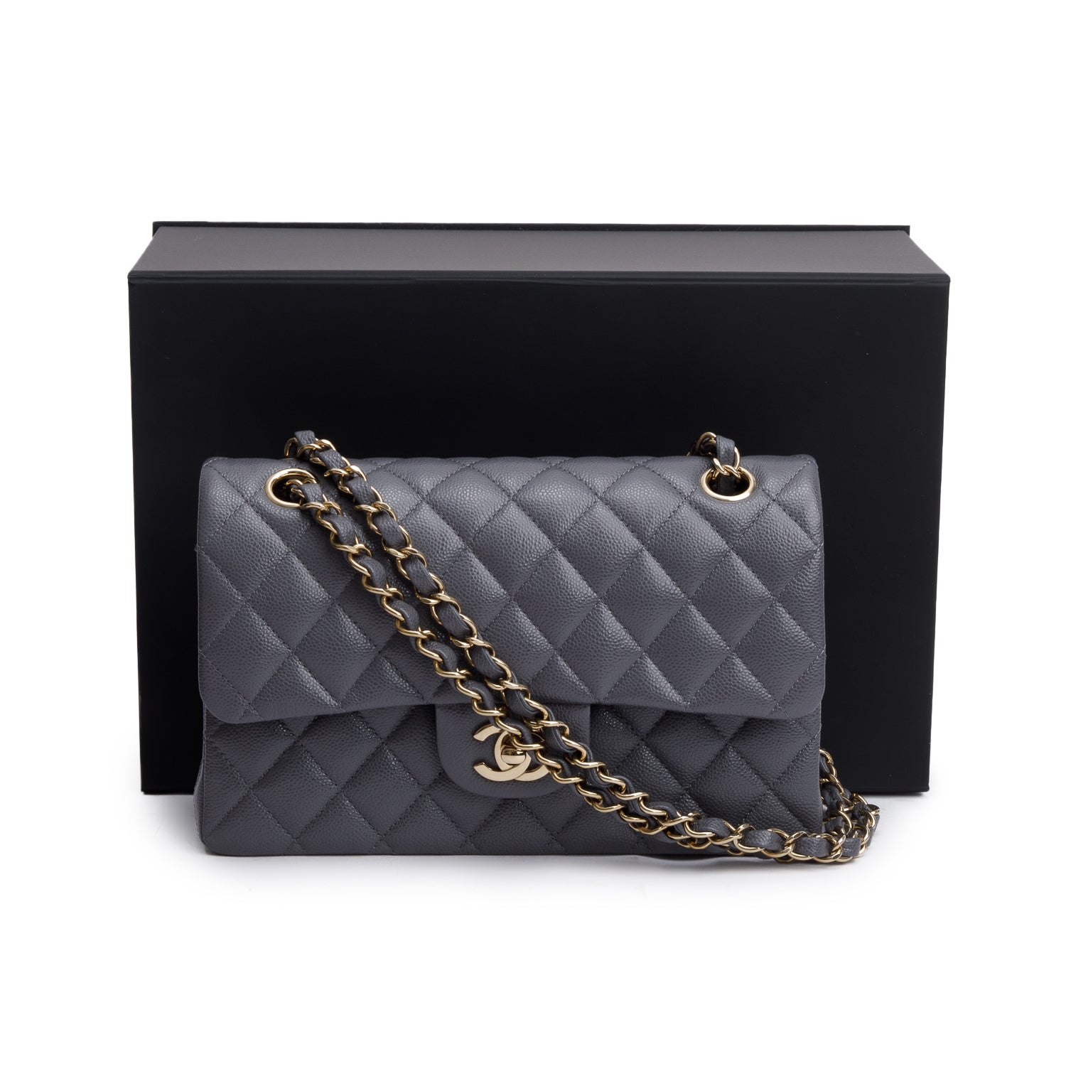 Chanel Quilted Caviar Classic Double Flap Leather Grey Travel Bag