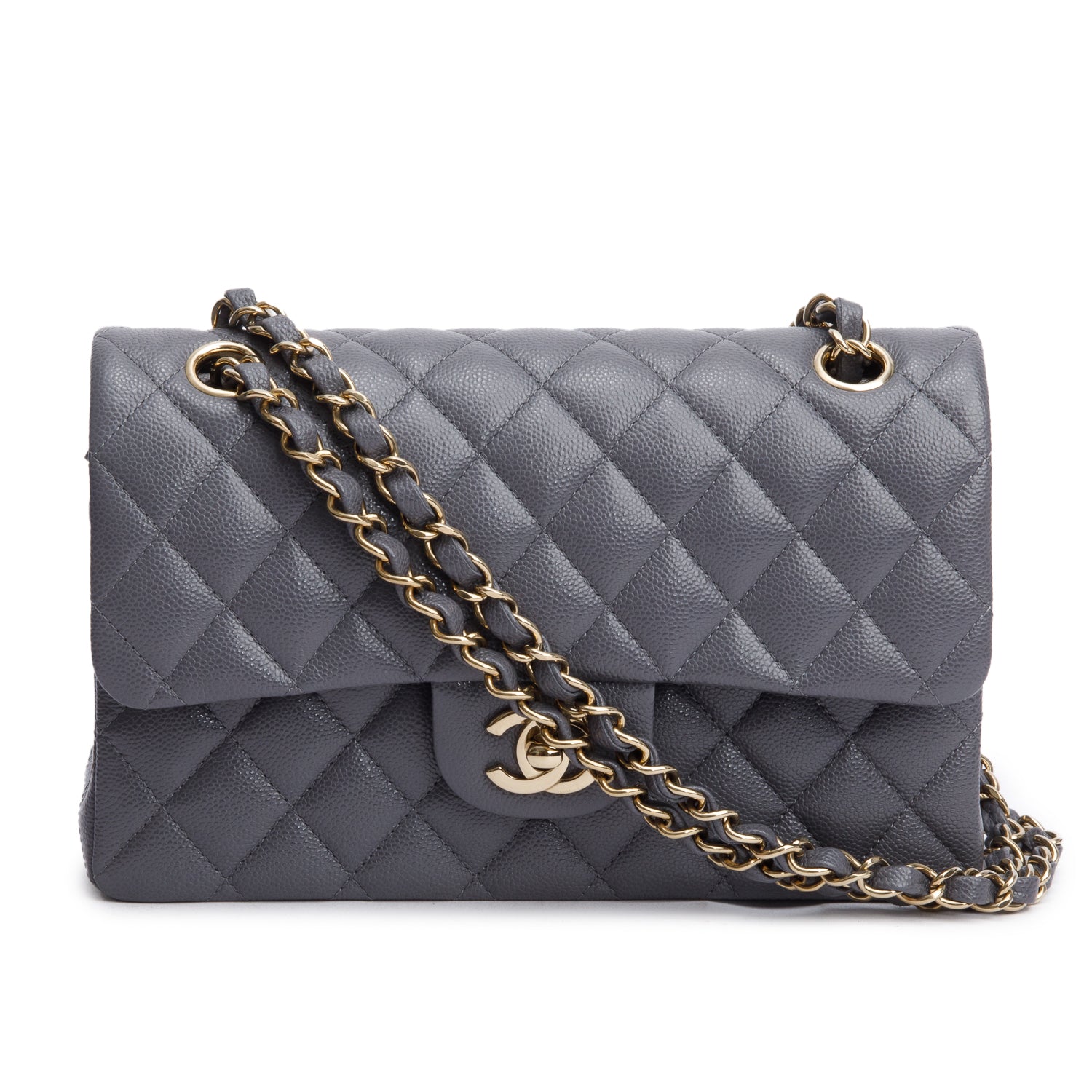 Chanel Quilted Caviar Classic Double Flap Leather Grey Travel Bag