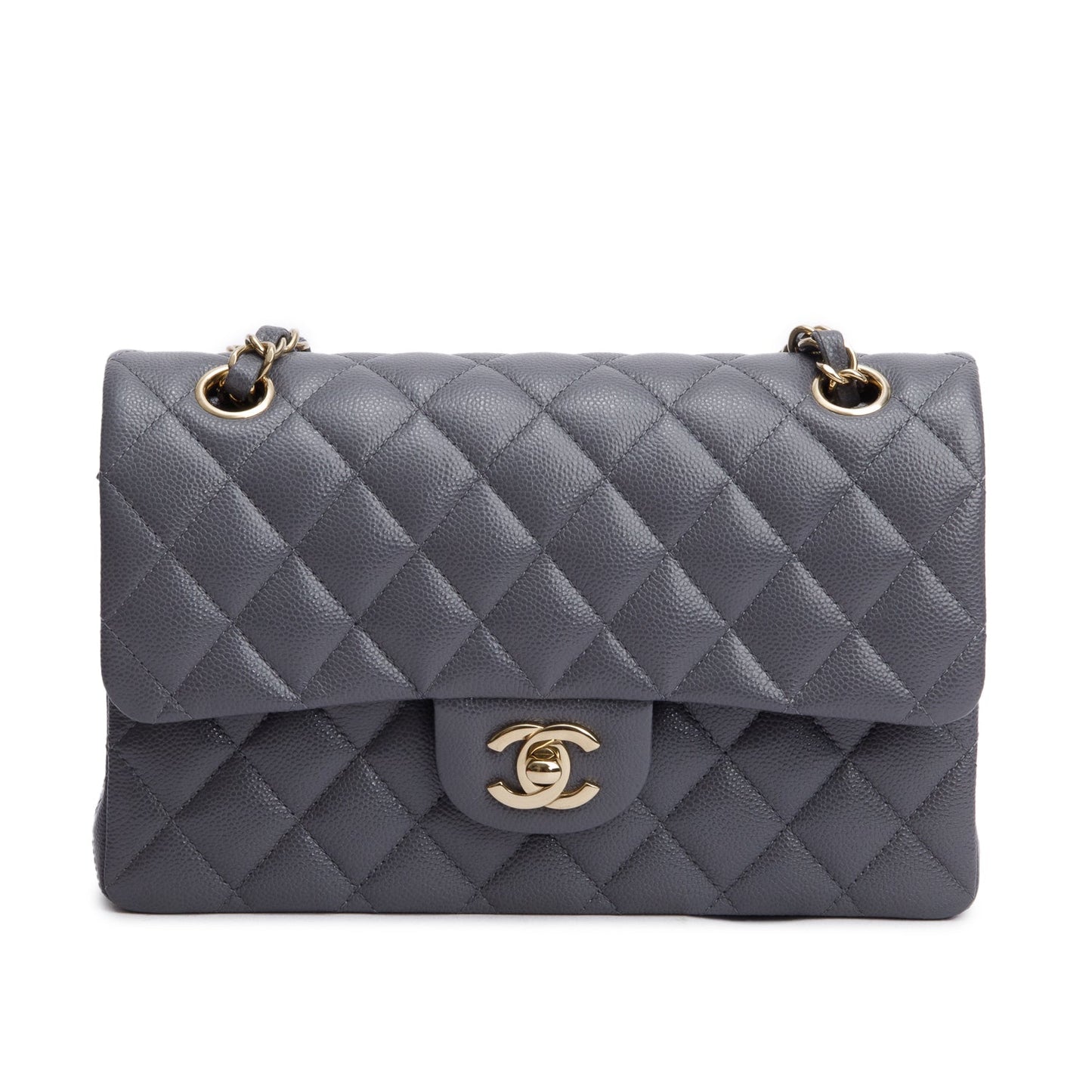 Chanel Quilted Caviar Classic Double Flap Leather Grey Travel Bag
