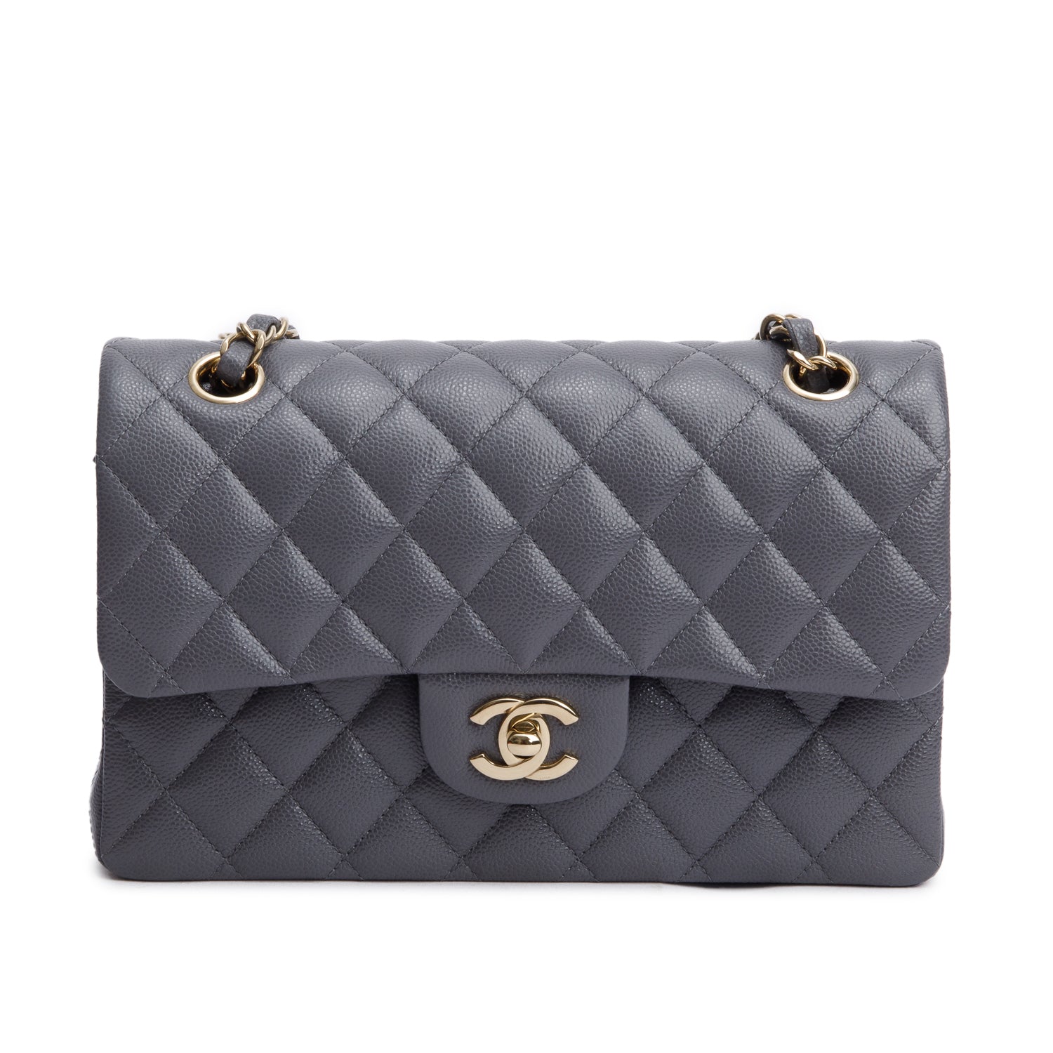 Chanel Quilted Caviar Classic Double Flap Leather Grey Travel Bag