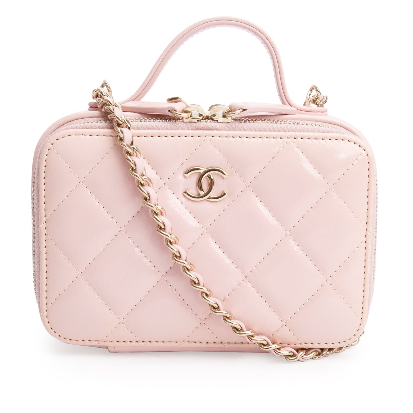 Chanel Quilted Glazed Double Zip CC Leather Calfskin Pink Travel Bag