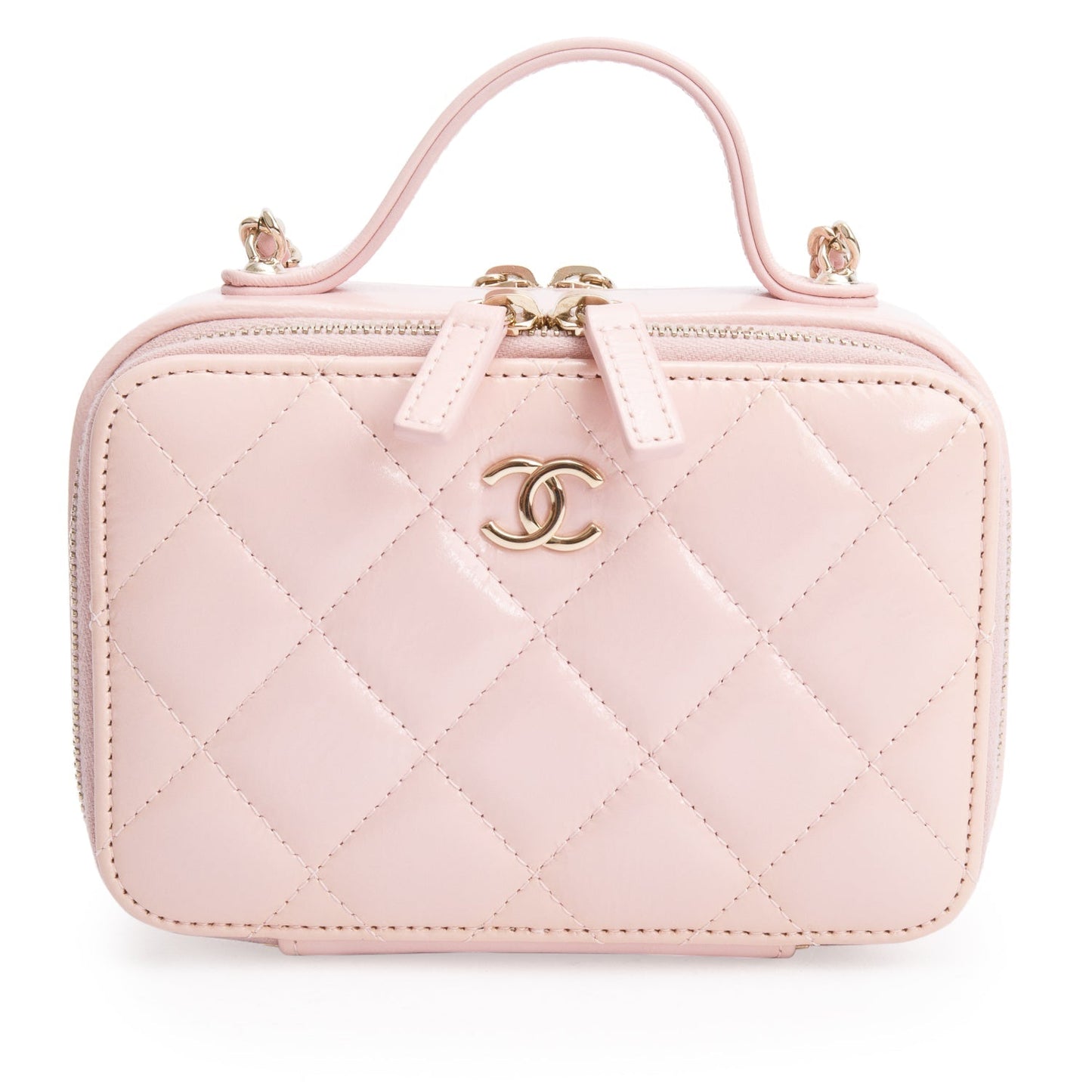Chanel Quilted Glazed Double Zip CC Leather Calfskin Pink Travel Bag
